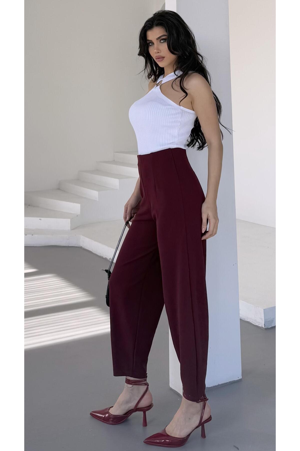 PWG2002252342 - Kadın Bernis Bordo Balon Pantolon, Beli Lastikli Şalvar Model Krep Balon Pantolon Basen Gizleyen