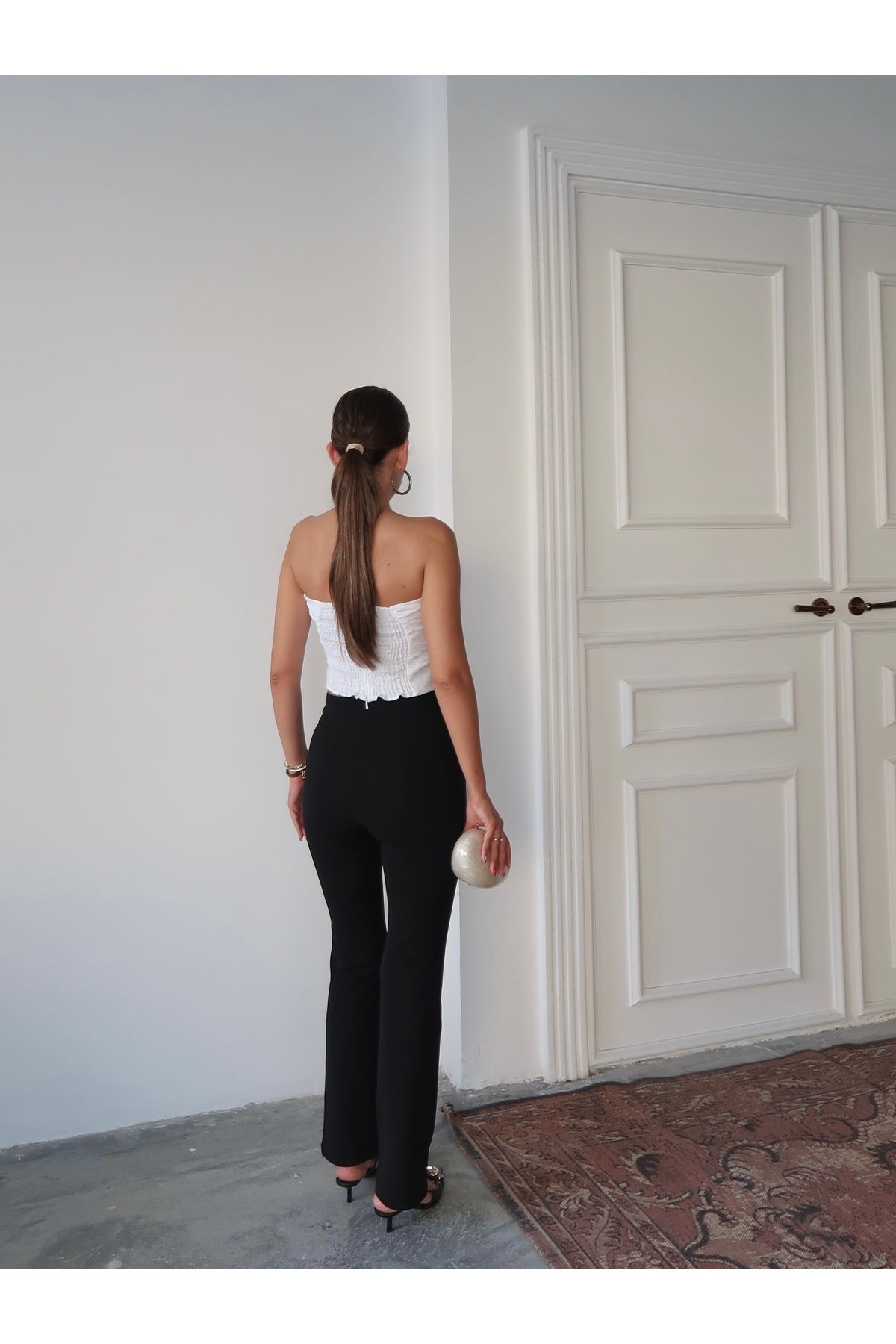745-T - Kadın Lucky Siyah Krep Kumaş Likralı Ön Çimalı Palazzo Pantolon