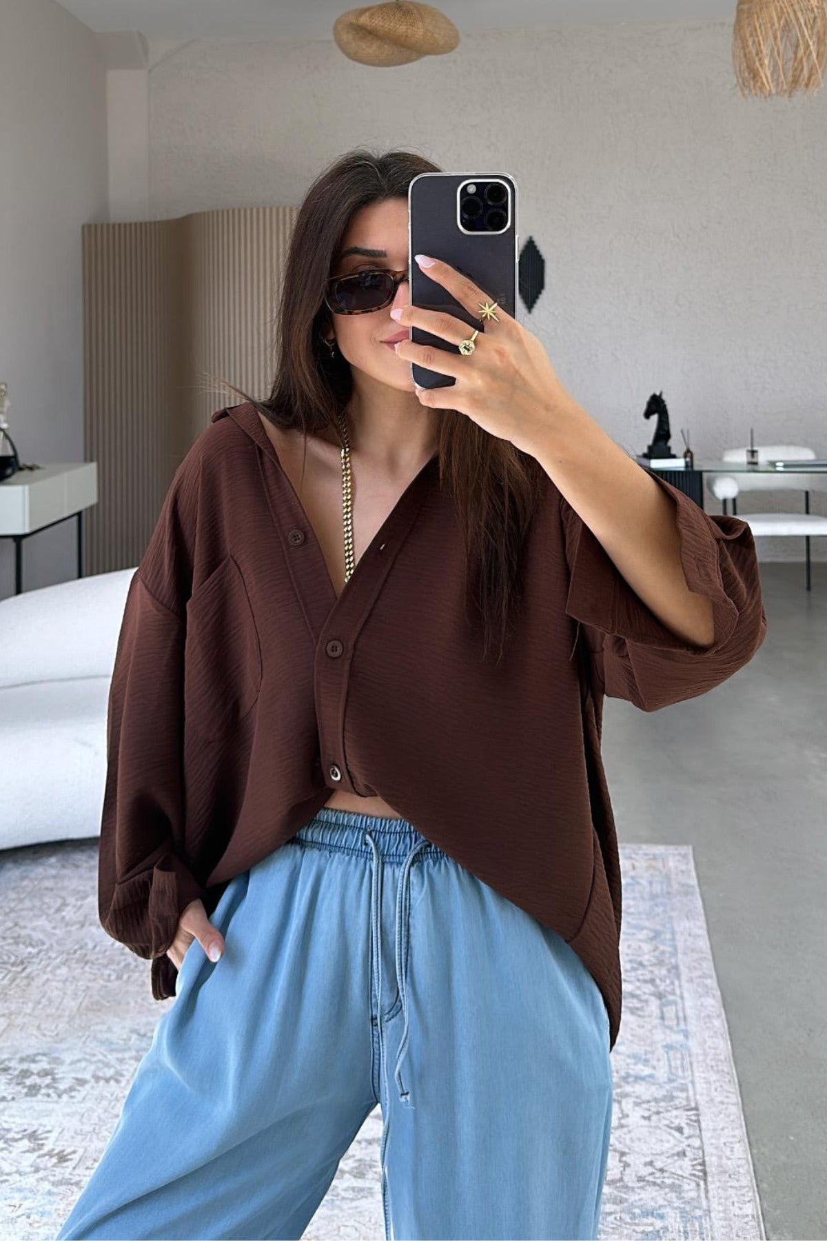PWG903250053 - Kadın Flory Ayrobin Oversize Tek Cep Gömlek - Kahverengi