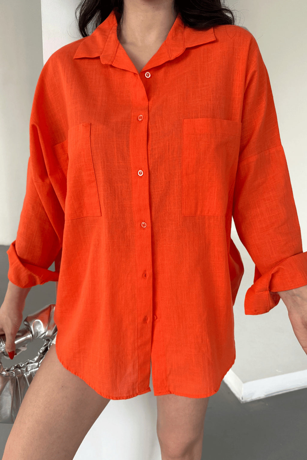PWG1504250420 - Kadın Harper Çift Cepli Oversize Keten Gömlek, 2025 Summer Collection - Nar Çiçeği