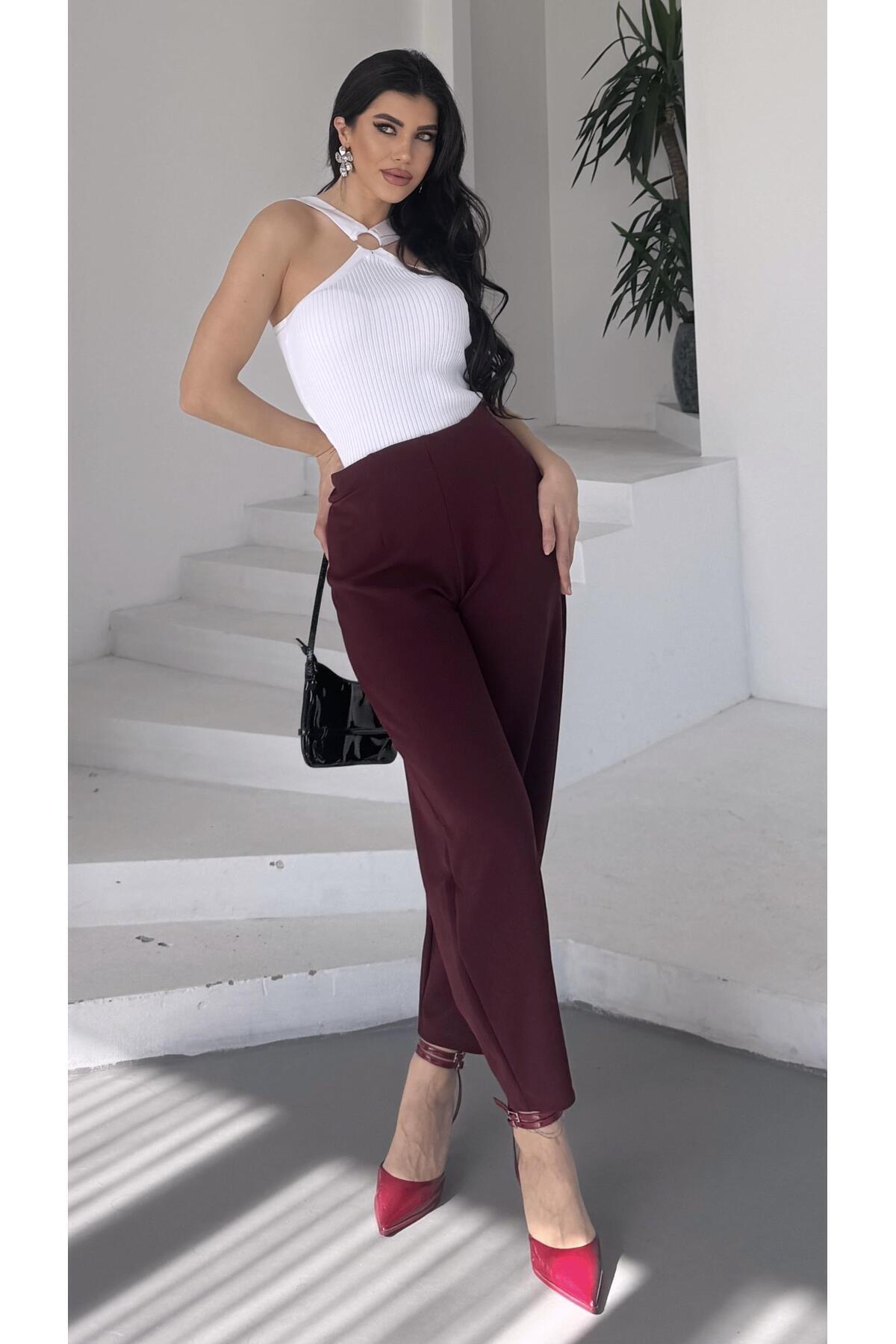 PWG2002252342 - Kadın Bernis Bordo Balon Pantolon, Beli Lastikli Şalvar Model Krep Balon Pantolon Basen Gizleyen