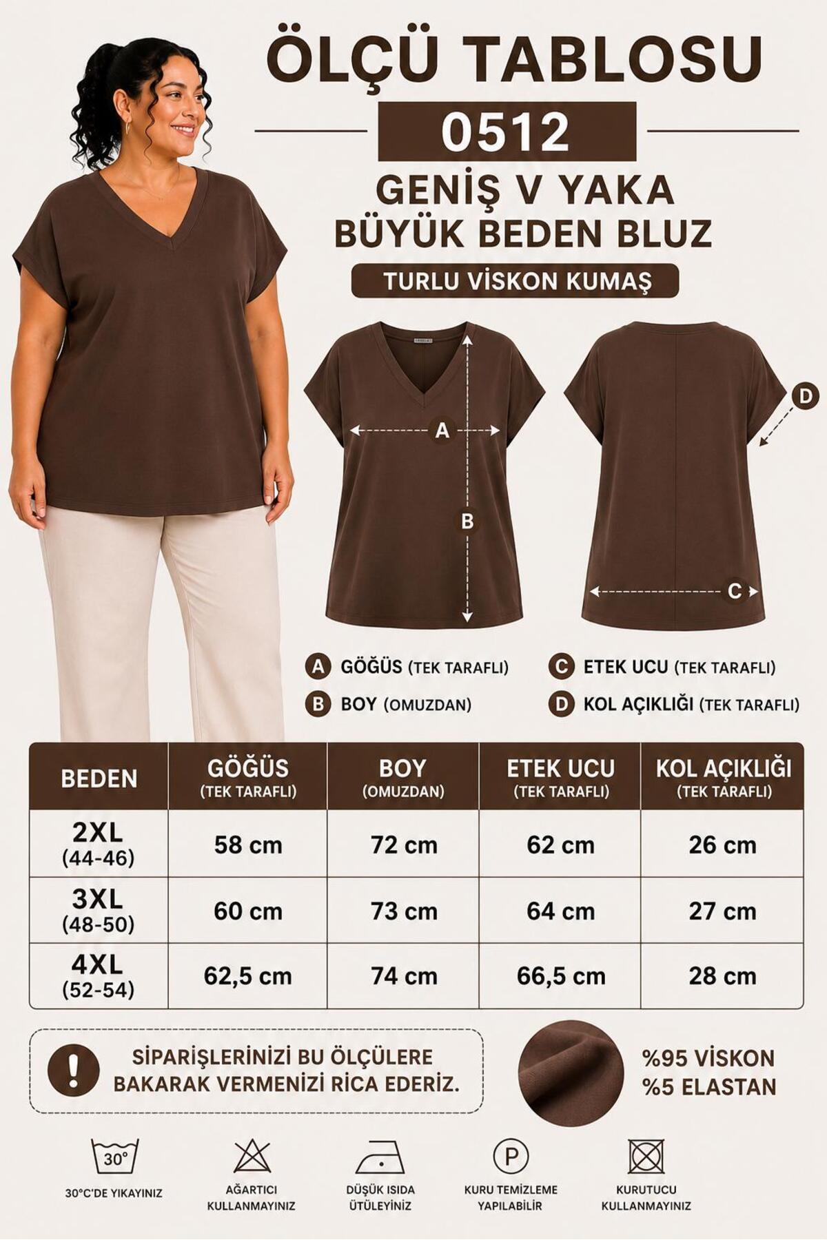 PWGDAD512 - Kadın Büyük Beden Günlük Bluz - Geniş V Yaka Kısa Kol Bluz - Kahverengi