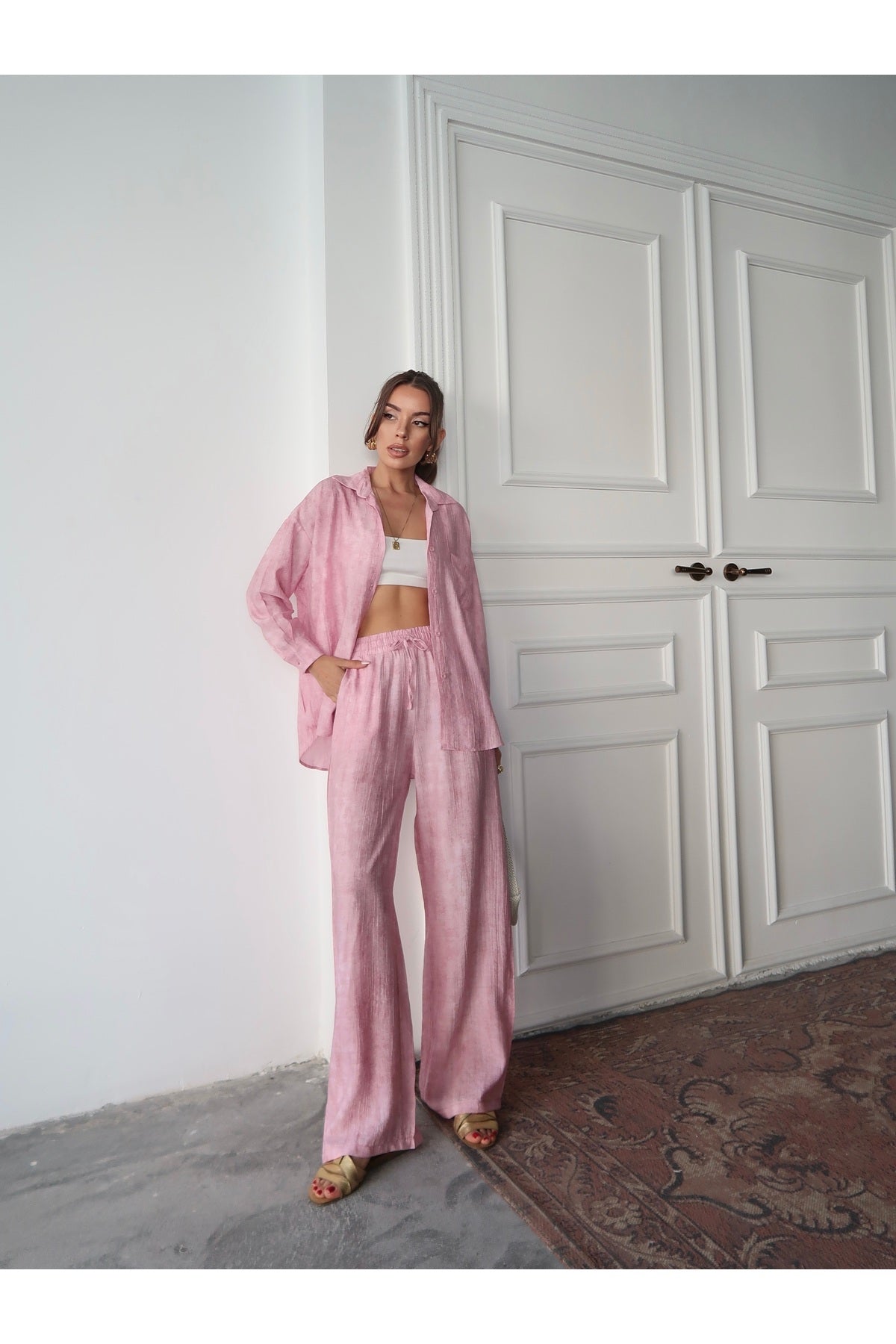 PWG0907251834 - Kadın Raven Dokuma Gömlek - Pantolon Yazlık Takım - Pembe