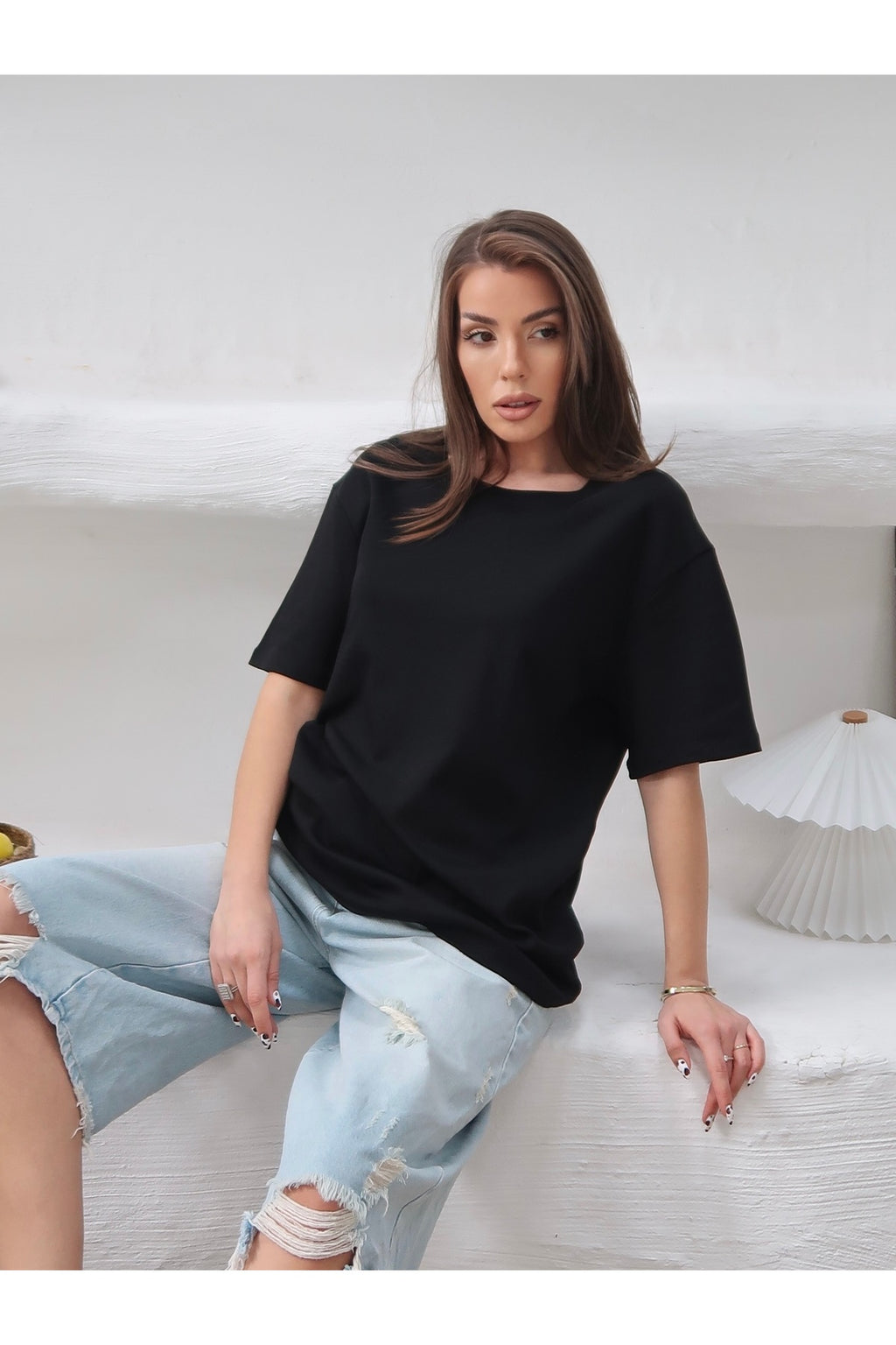 PWGY298 - Kadın Mia İnterlok Kumaş Bisiklet Yaka Oversize T-Shirt - Siyah
