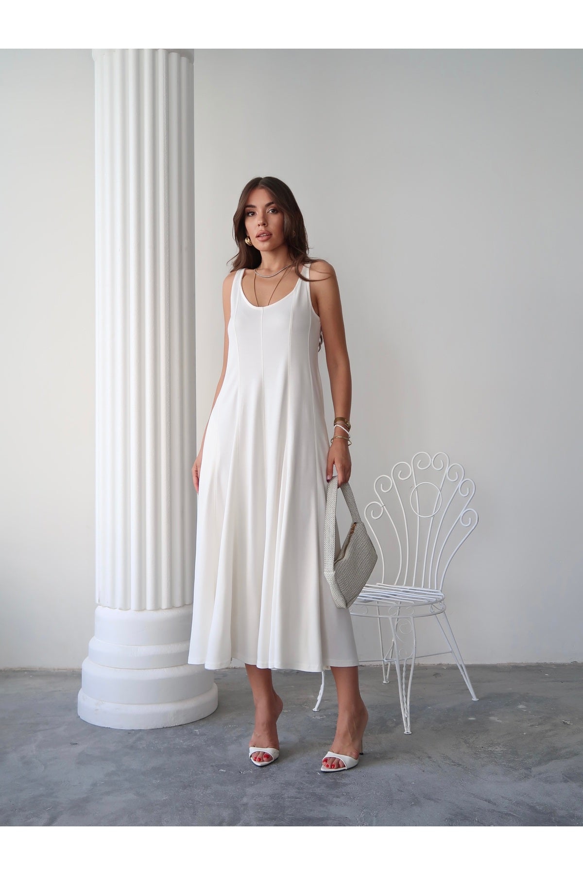 PWG1308251555 - Kadın Serena Pamuklu Modal Kumaş Parçalı Cepli Maxi Yazlık Elbise - Beyaz