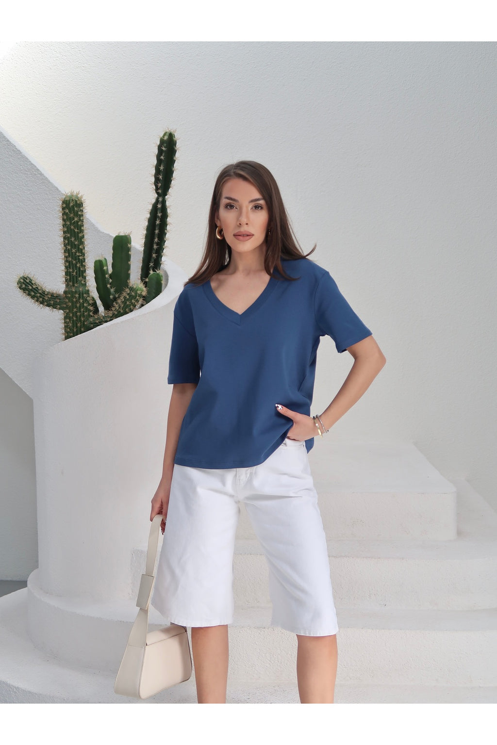PWGY285 - Kadın Massi İnterlok Kumaş V Yaka Oversize T-Shirt - Mavi