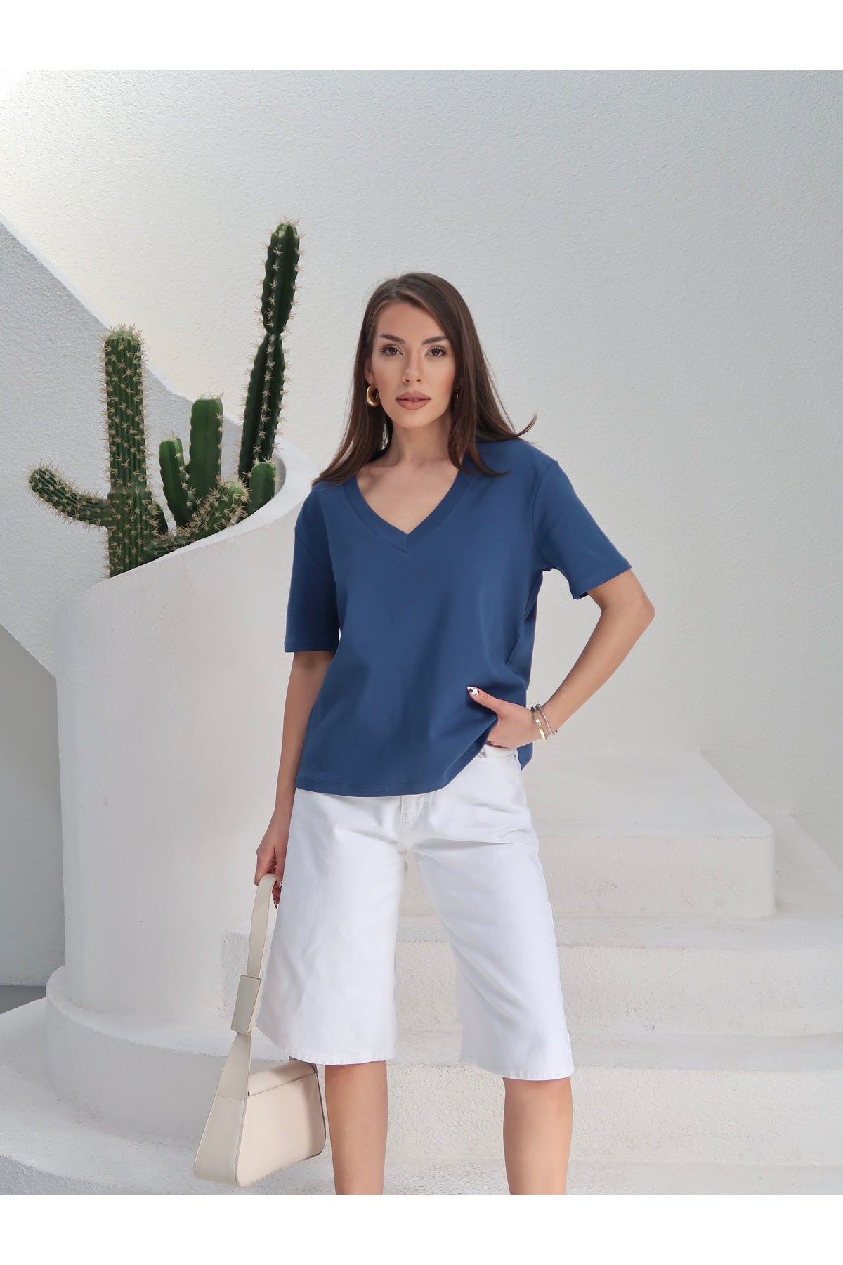PWGY285 - Kadın Massi İnterlok Kumaş V Yaka Oversize T-Shirt - Mavi