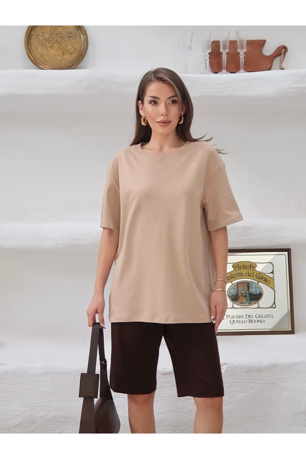 PWGY298 - Kadın Mia İnterlok Kumaş Bisiklet Yaka Oversize T-Shirt - Bej