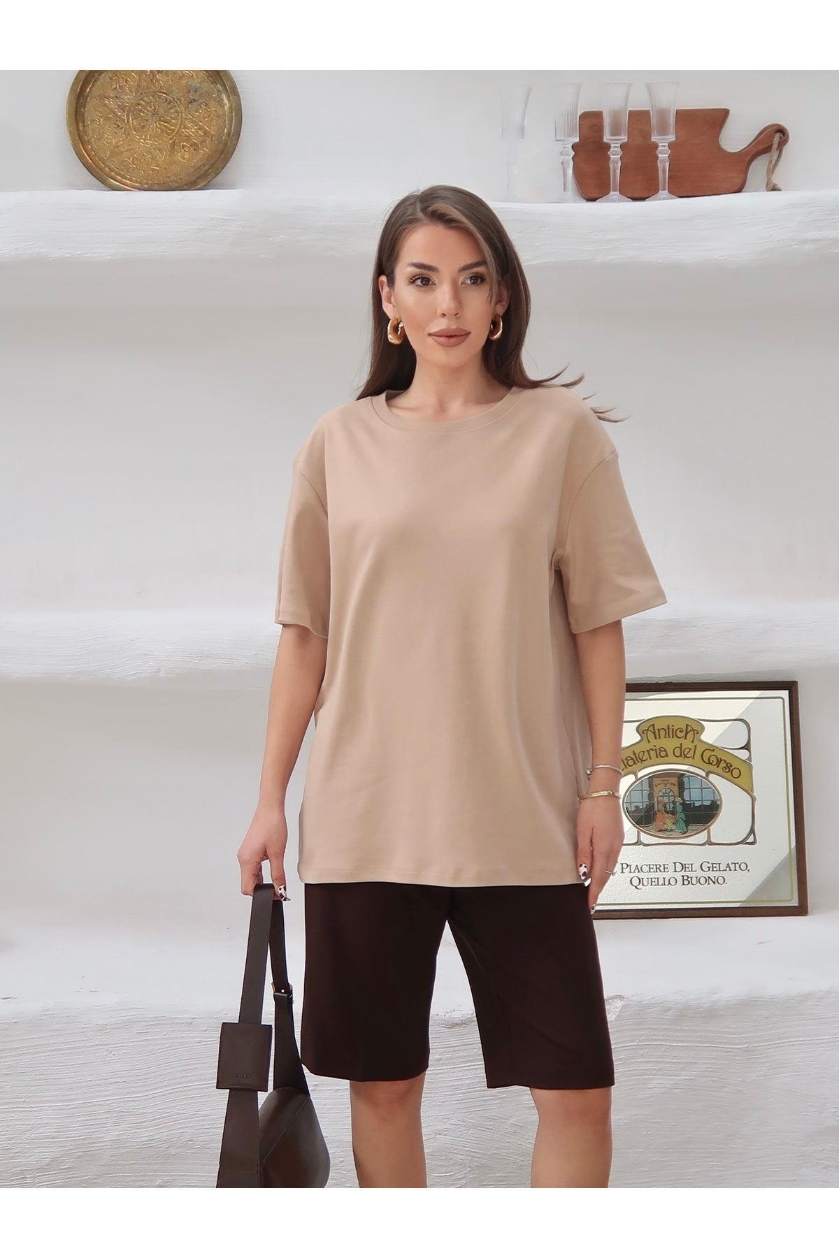 PWGY298 - Kadın Mia İnterlok Kumaş Bisiklet Yaka Oversize T-Shirt - Bej