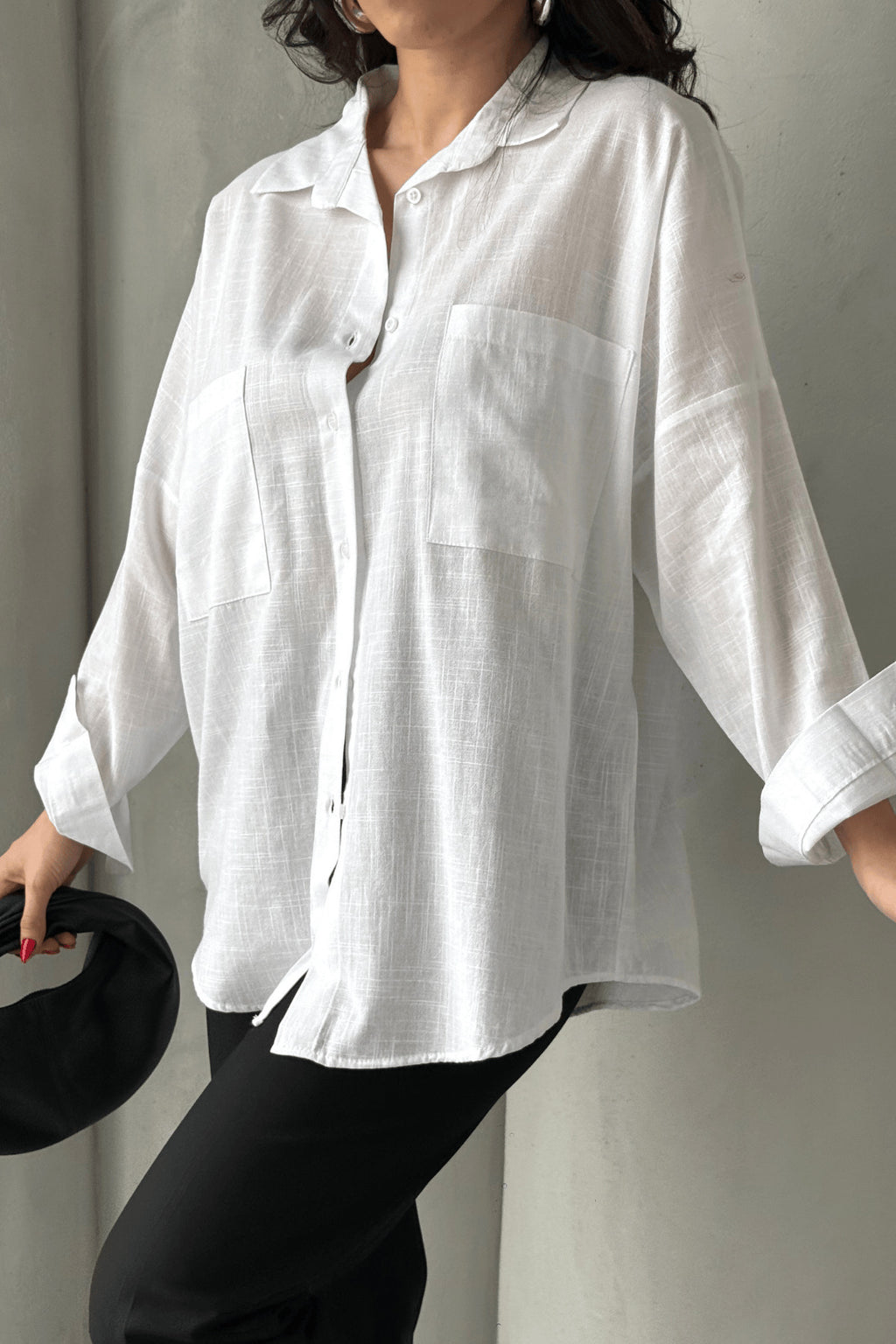 PWG1504250420 - Kadın Harper Çift Cepli Oversize Keten Gömlek, 2025 Summer Collection - Beyaz