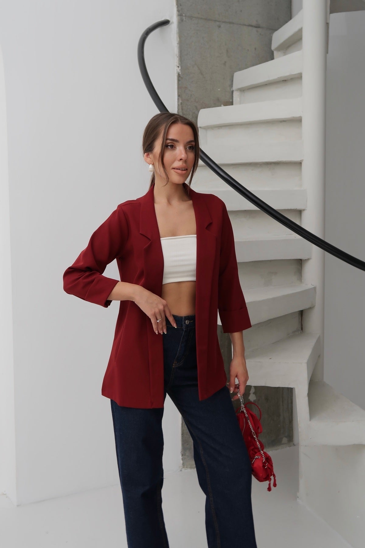 PWG0206251846 - Kadın Atlas Kumaş Astarsız Blazer Ceket, Premium Kalite - Bordo