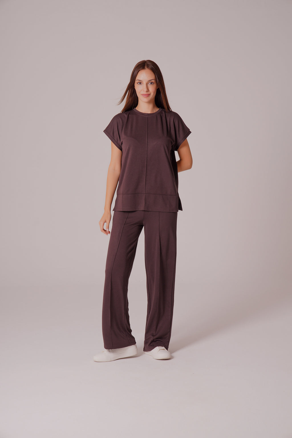 PWG0907251756 - Kadın Meadow Modal Çimalı T-shirt-Pantolon Takım - Kahverengi