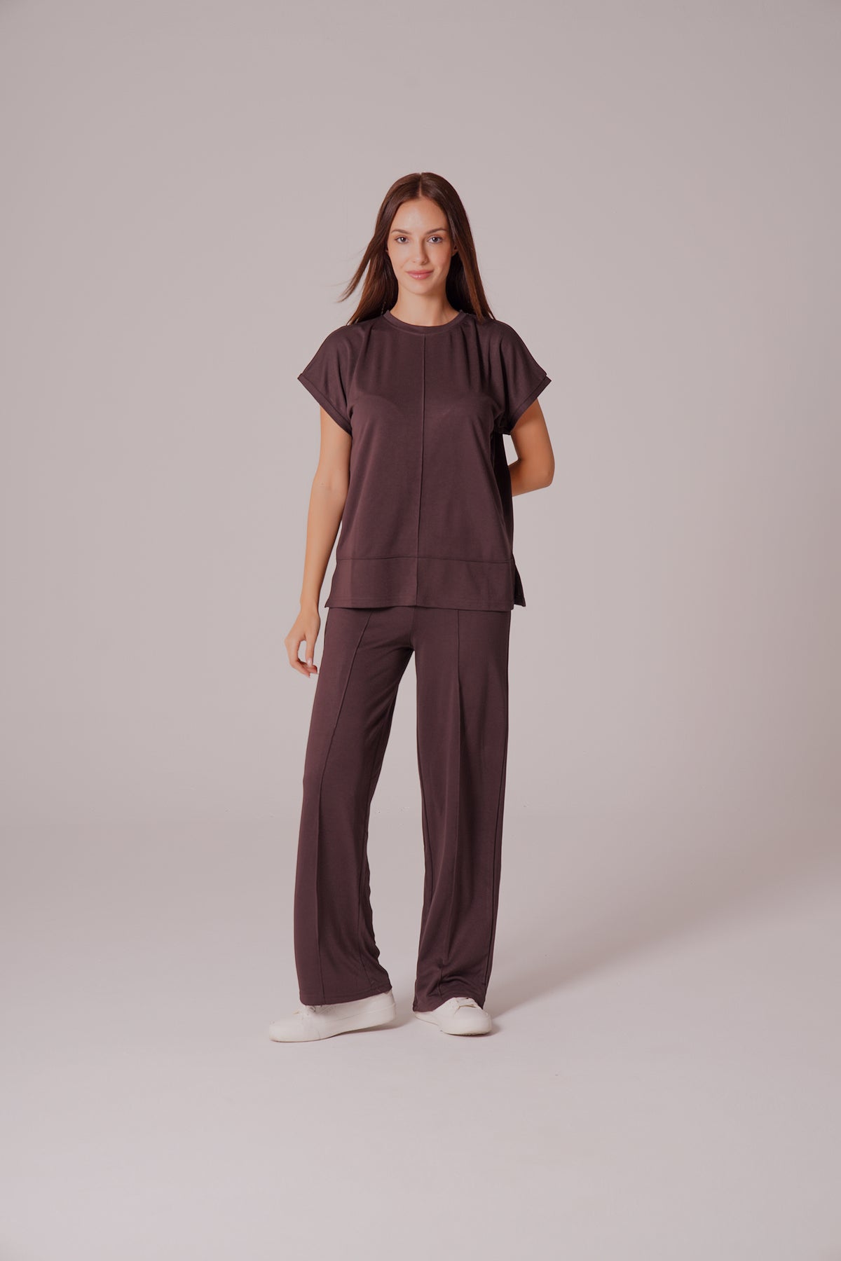PWG0907251756 - Kadın Meadow Modal Çimalı T-shirt-Pantolon Takım - Kahverengi