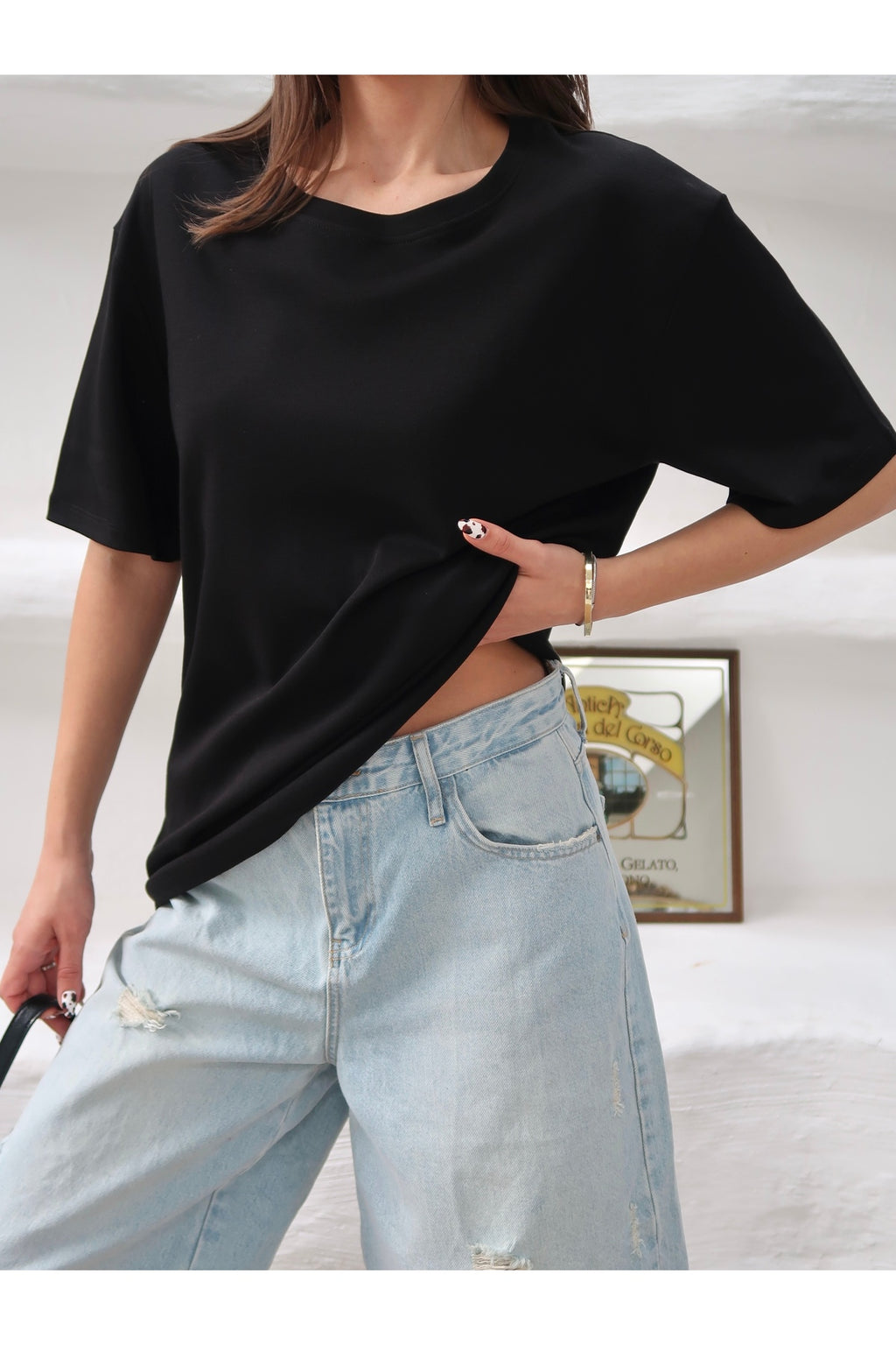 PWGY298 - Kadın Mia İnterlok Kumaş Bisiklet Yaka Oversize T-Shirt - Siyah