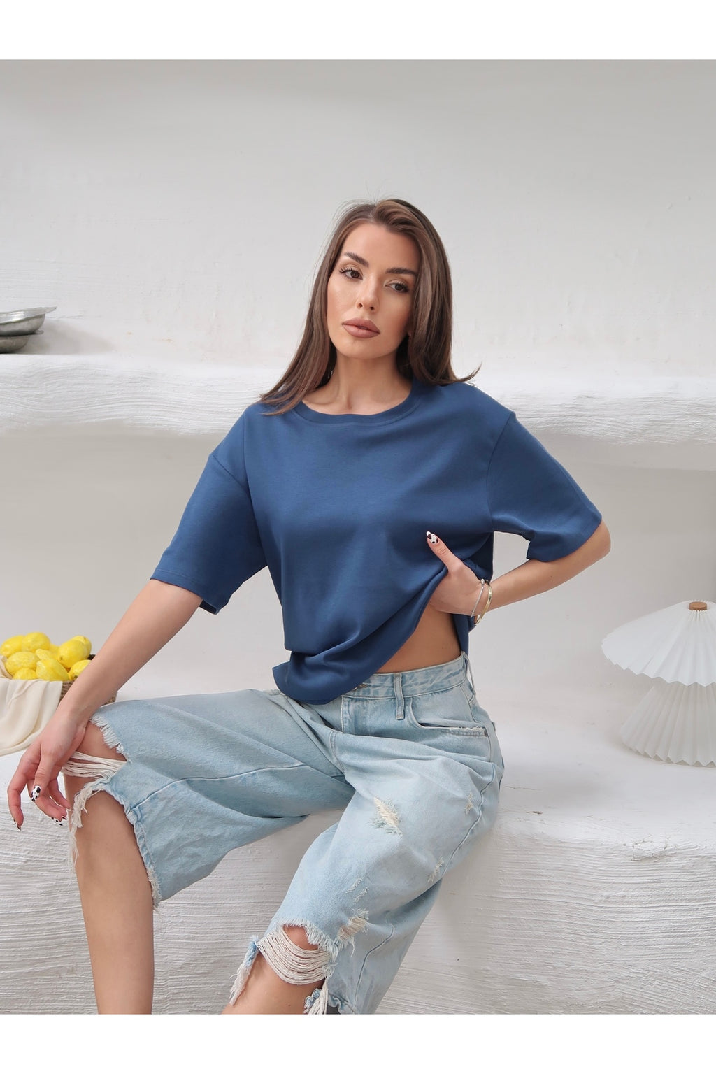 PWGY298 - Kadın Mia İnterlok Kumaş Bisiklet Yaka Oversize T-Shirt - Mavi