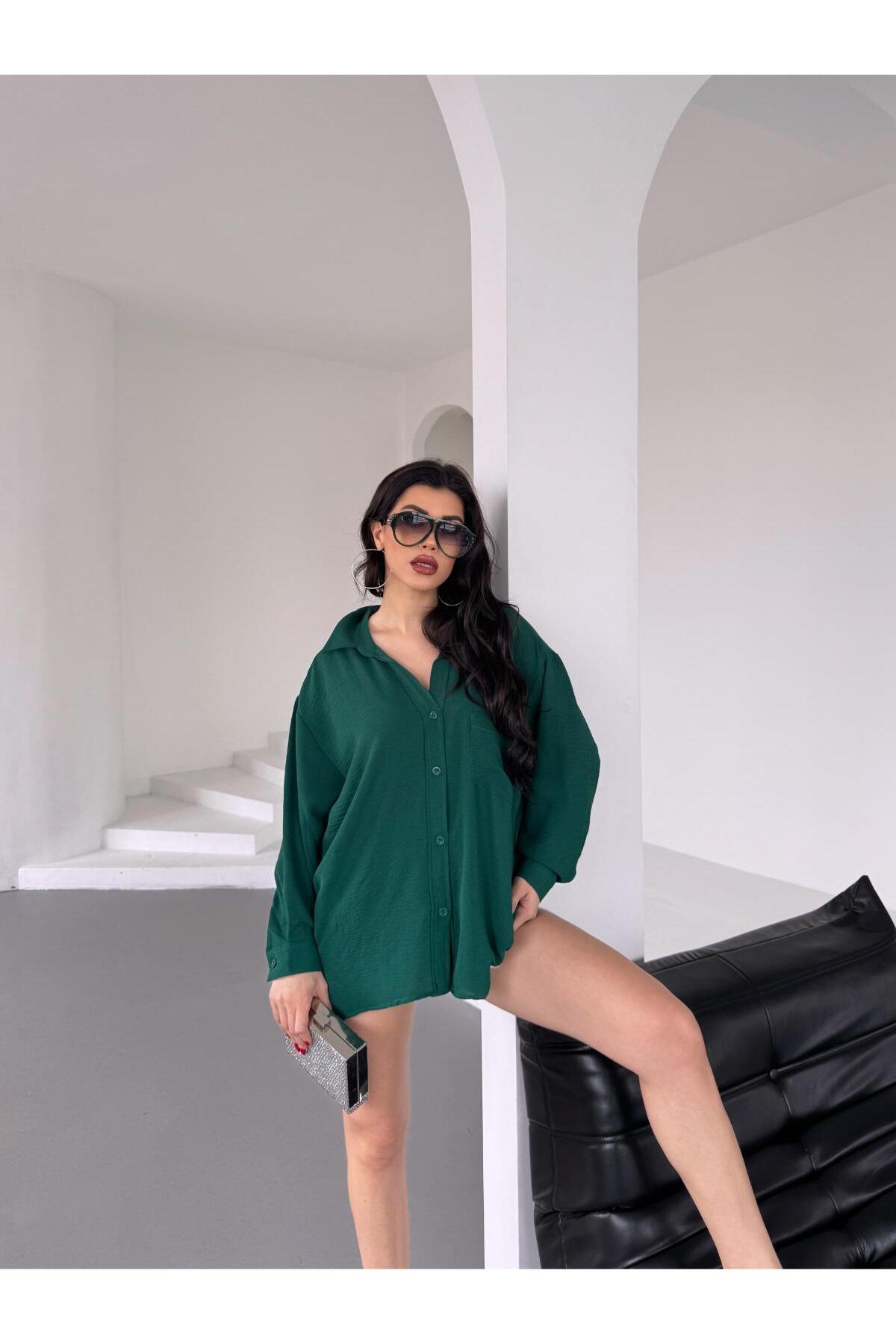 PWG903250053 - Kadın Flory Ayrobin Oversize Tek Cep Gömlek - Yeşil