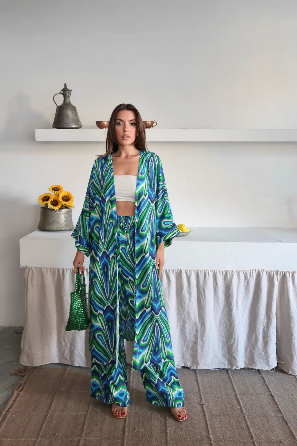 PWG1006251441 - Kadın Desenli Kimono Pantolonlu Yazlık Takım - Mavi