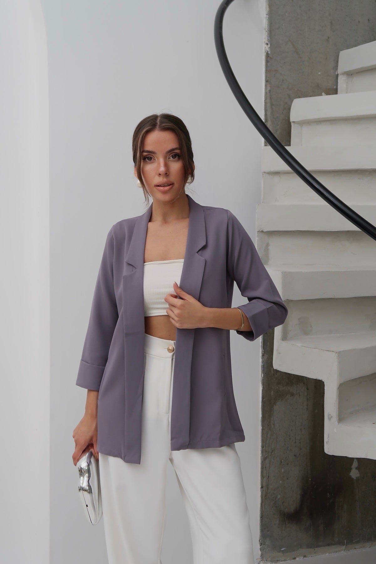 PWG0206251846 - Kadın Atlas Kumaş Astarsız Blazer Ceket, Premium Kalite - Gri