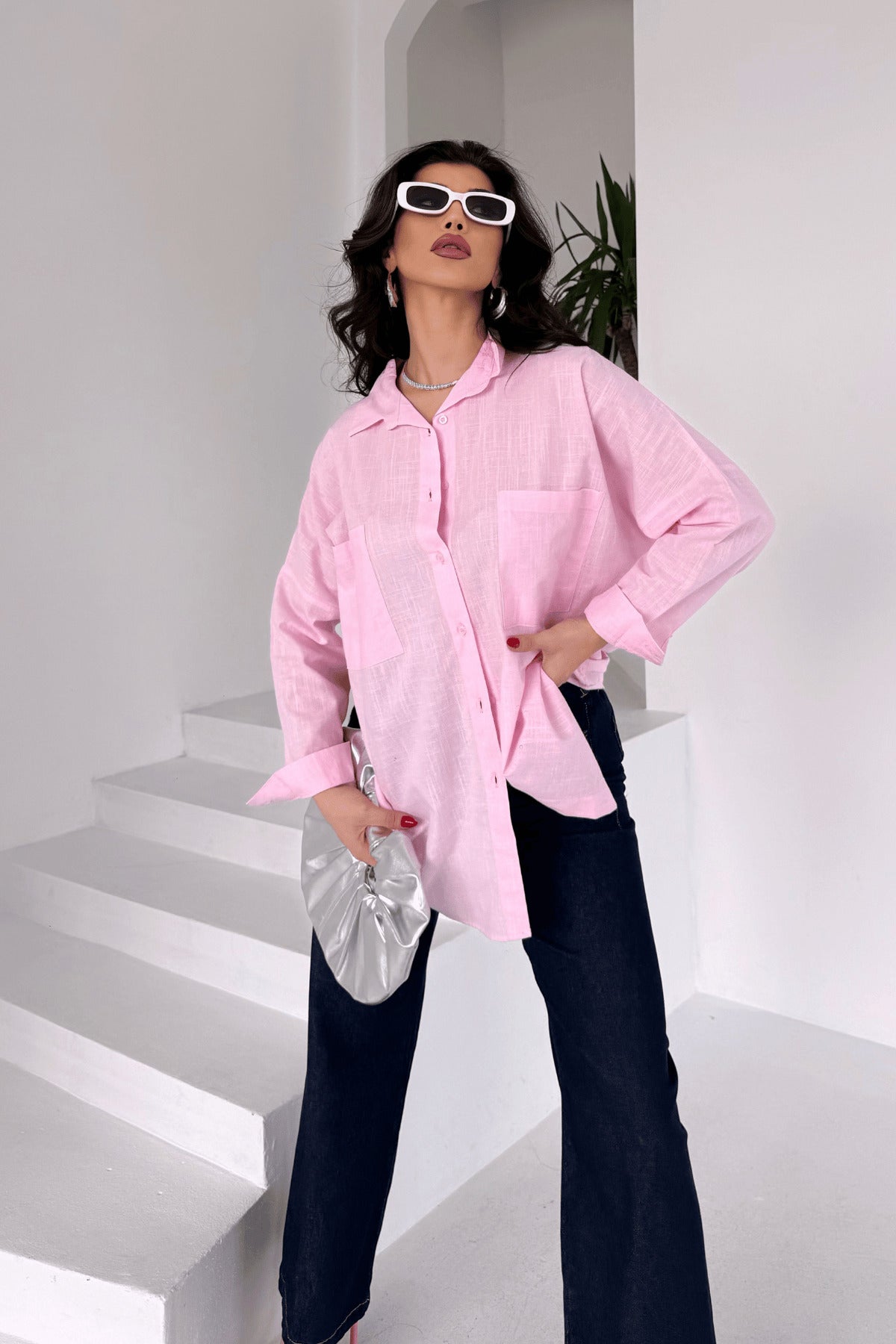 PWG1504250420 - Kadın Harper Çift Cepli Oversize Keten Gömlek, 2025 Summer Collection - Pembe