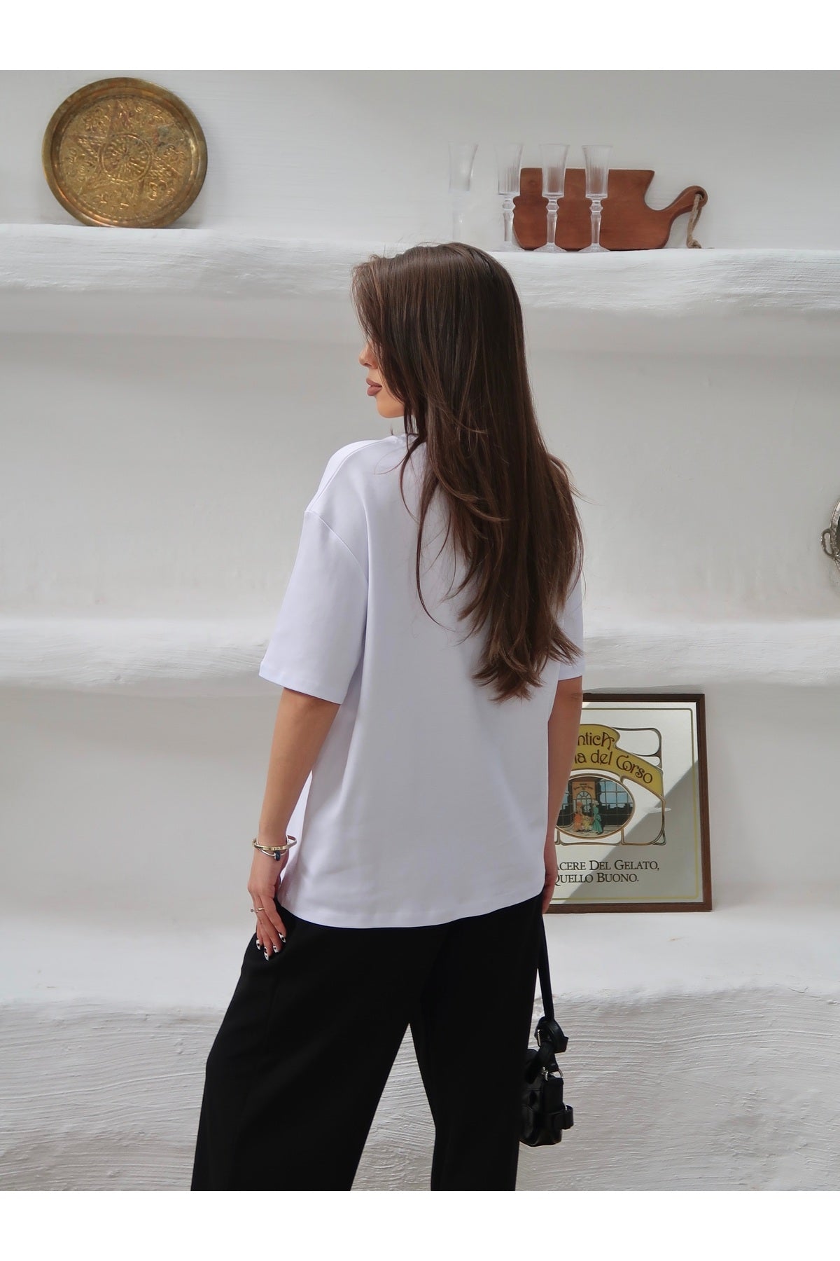PWGY298 - Kadın Mia İnterlok Kumaş Bisiklet Yaka Oversize T-Shirt - Beyaz