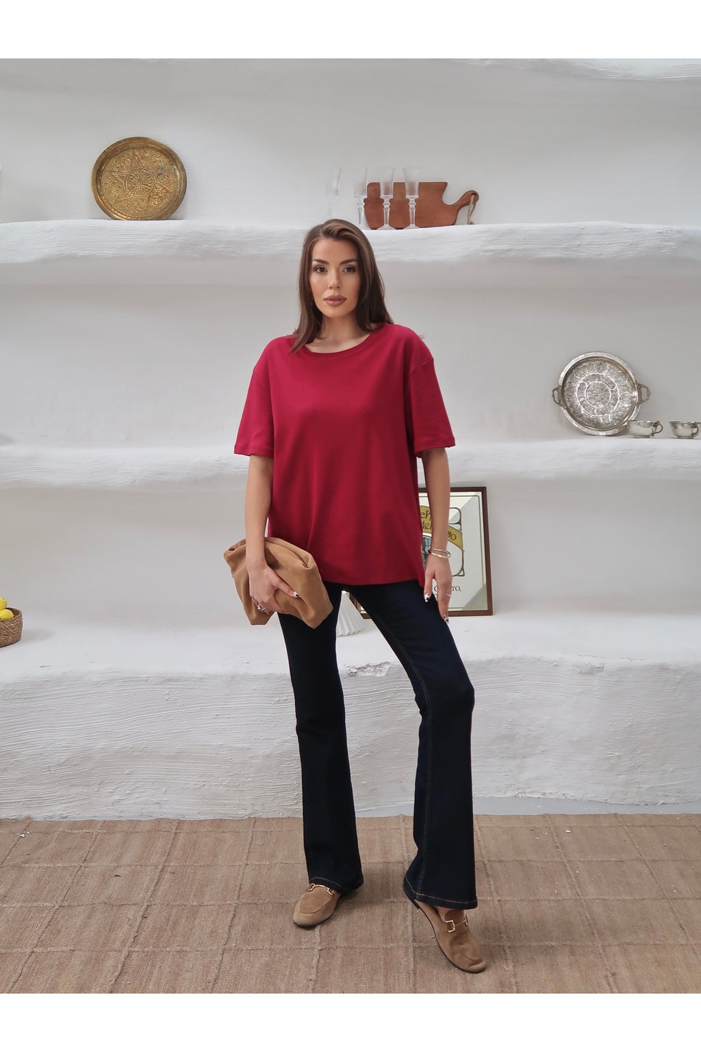 PWGY298 - Kadın Mia İnterlok Kumaş Bisiklet Yaka Oversize T-Shirt - Bordo
