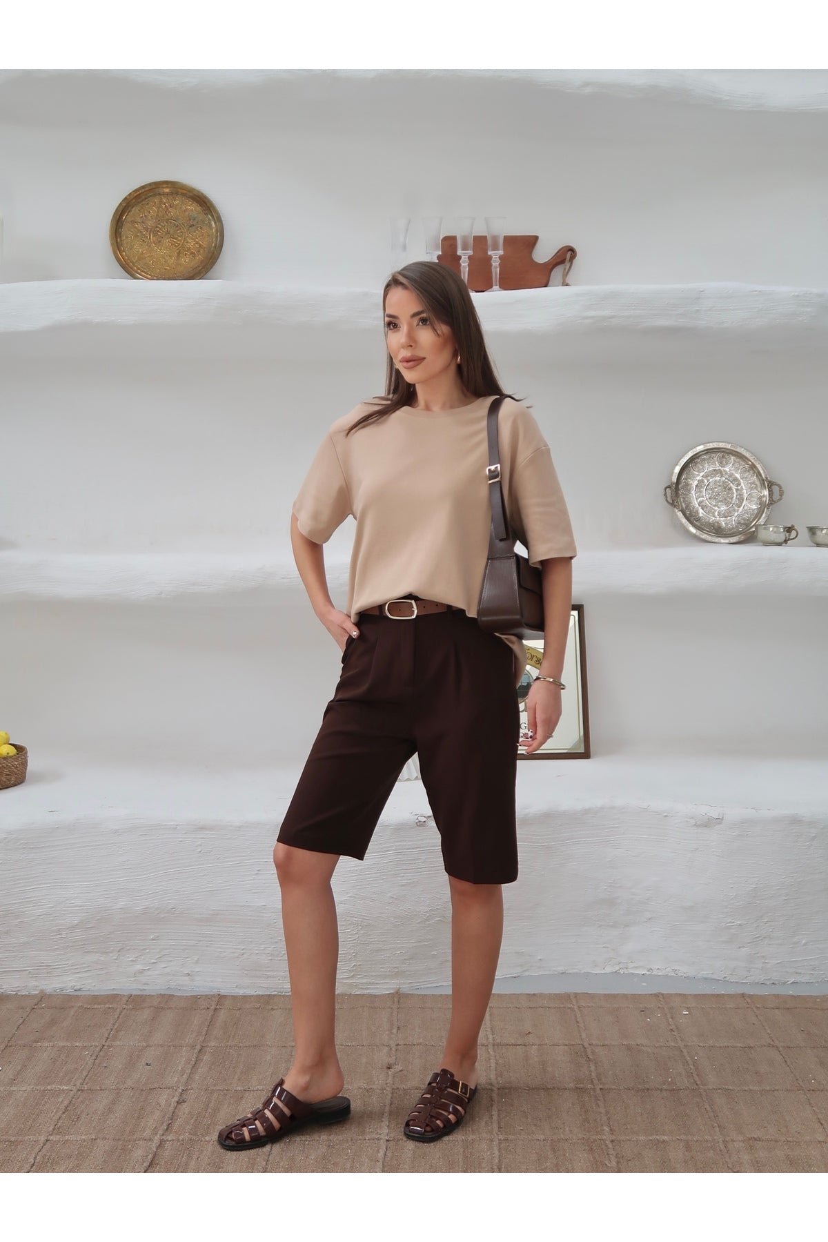 PWGY298 - Kadın Mia İnterlok Kumaş Bisiklet Yaka Oversize T-Shirt - Bej