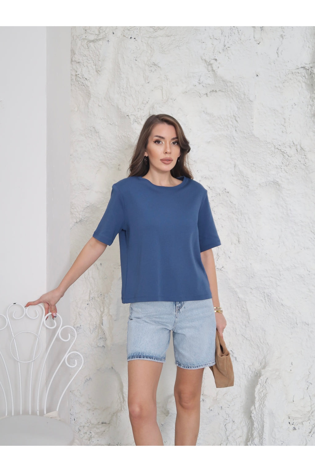 PWGY239 - Kadın Vatkalı T-Shirt – Pamuk İnterlok Kumaş - Mavi