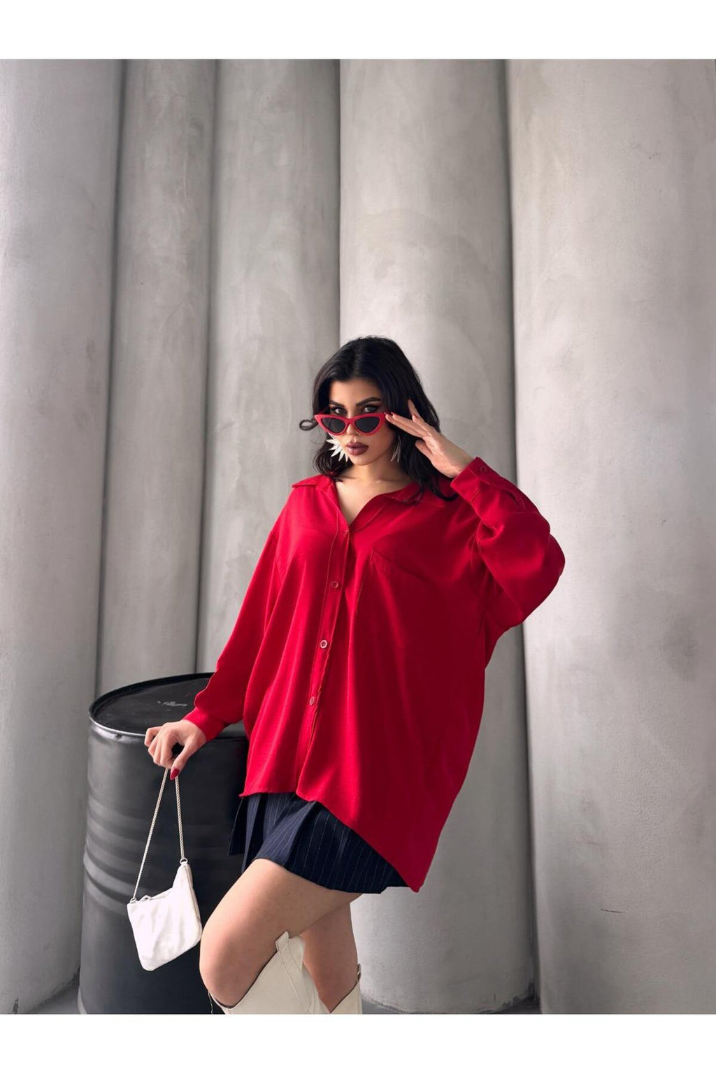 PWG903250053 - Kadın Flory Ayrobin Oversize Tek Cep Gömlek - Kırmızı