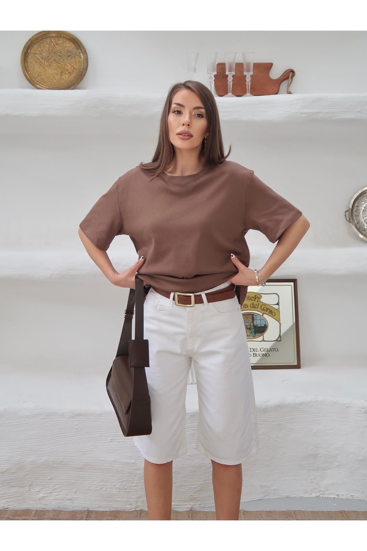 PWGY298 - Kadın Mia İnterlok Kumaş Bisiklet Yaka Oversize T-Shirt - Kahverengi