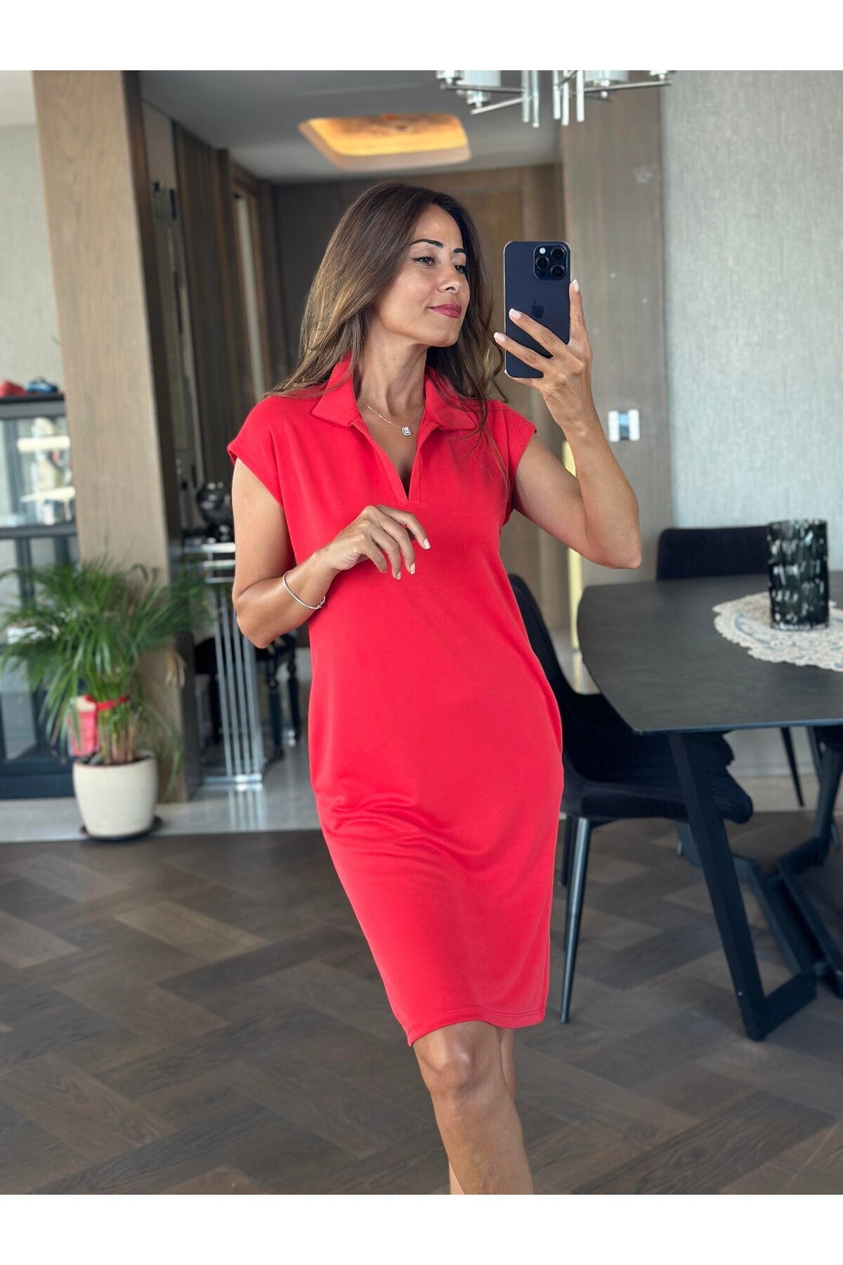 PWG1004250151 - Kadın Penny Polo Yaka Cepli Elbise - Soft Modal Kumaş - Kırmızı