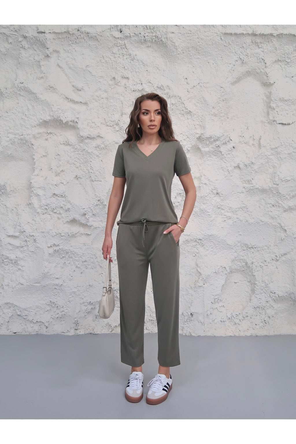 PWGY268 - Kadın Avessa Modal Pike Kumaş V Yaka T-Shirt Pantolon Takım - Haki