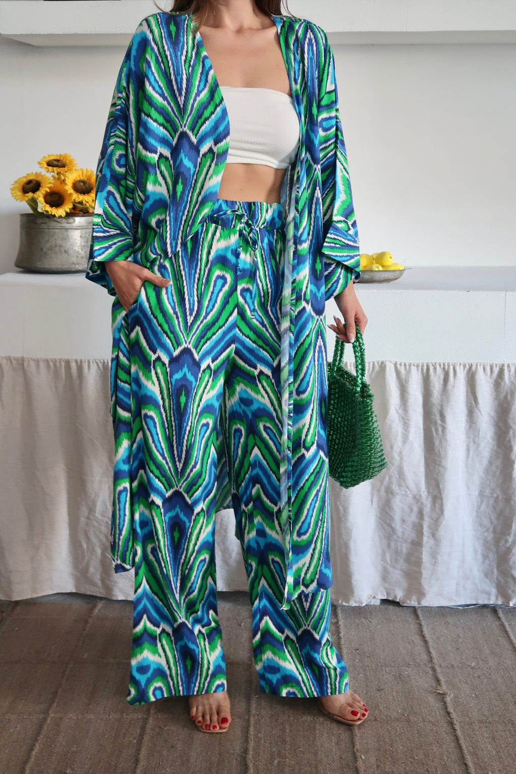PWG1006251441 - Kadın Desenli Kimono Pantolonlu Yazlık Takım - Mavi