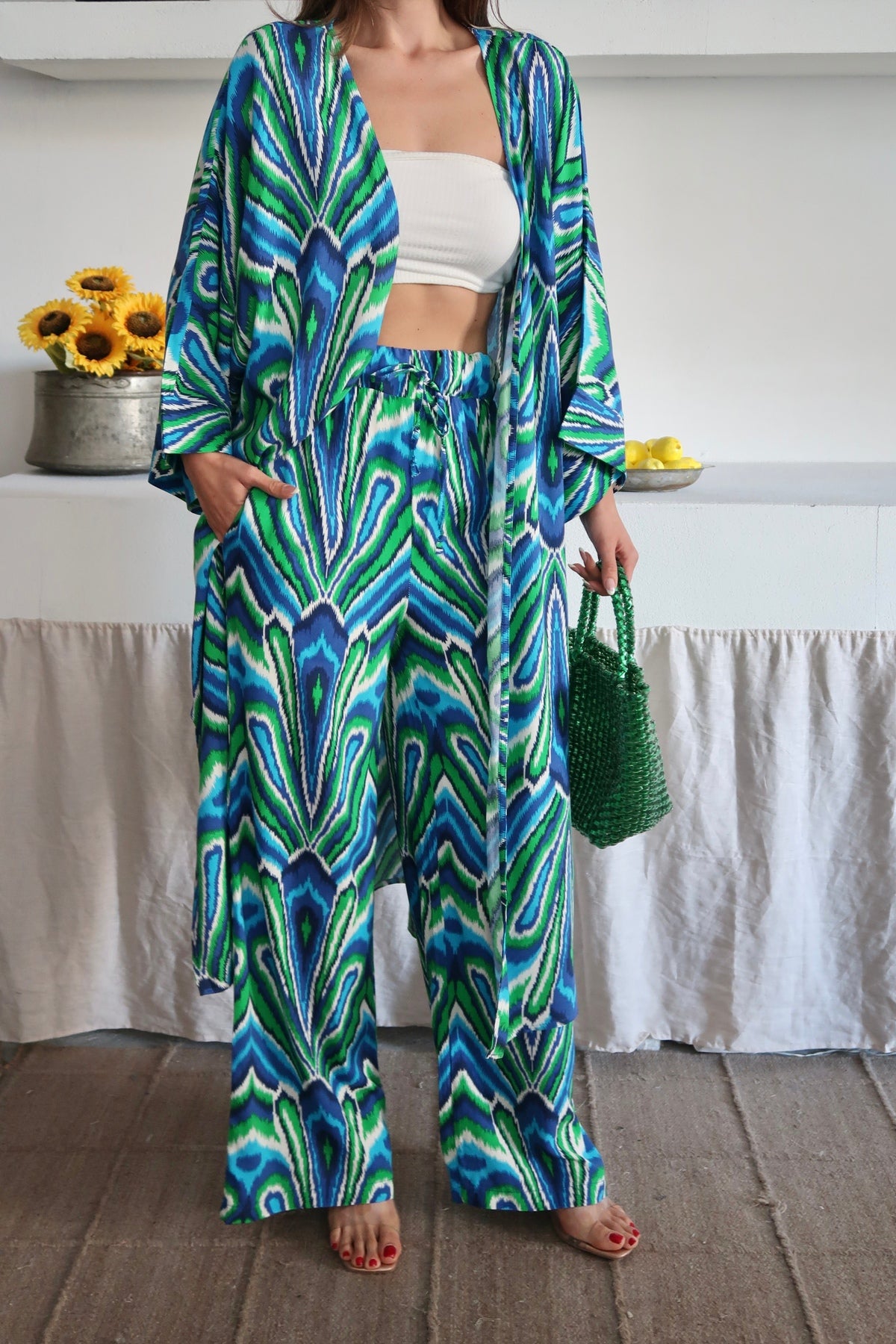 PWG1006251441 - Kadın Desenli Kimono Pantolonlu Yazlık Takım - Mavi