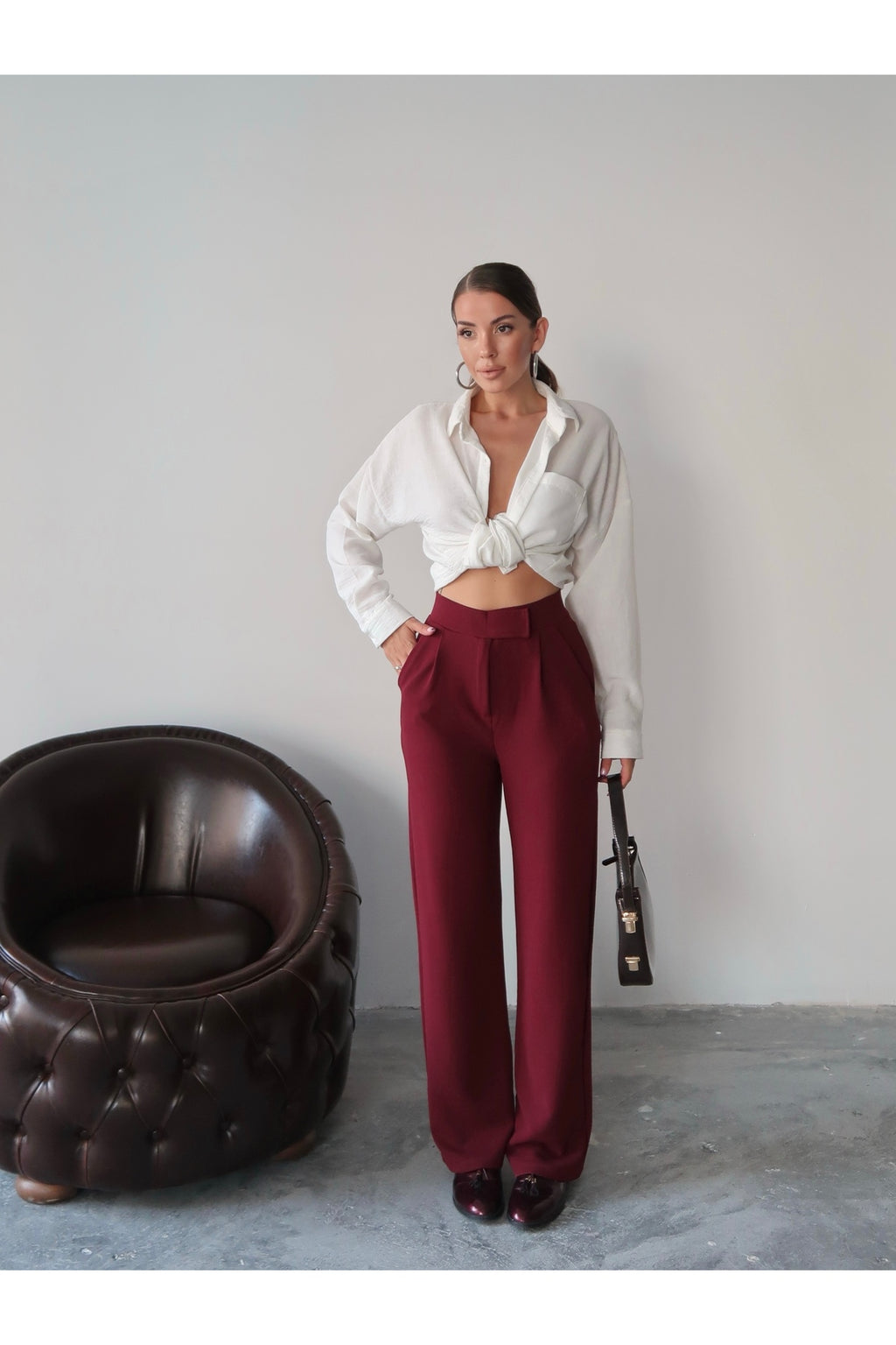 PWG1308252019 - Kadın Valeria Cırtlı Kemer Detaylı Palazzo Pantolon - Bordo