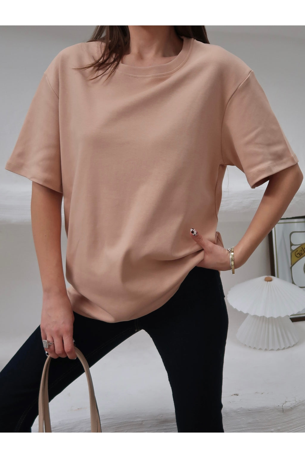 PWGY298 - Kadın Mia İnterlok Kumaş Bisiklet Yaka Oversize T-Shirt - Somon