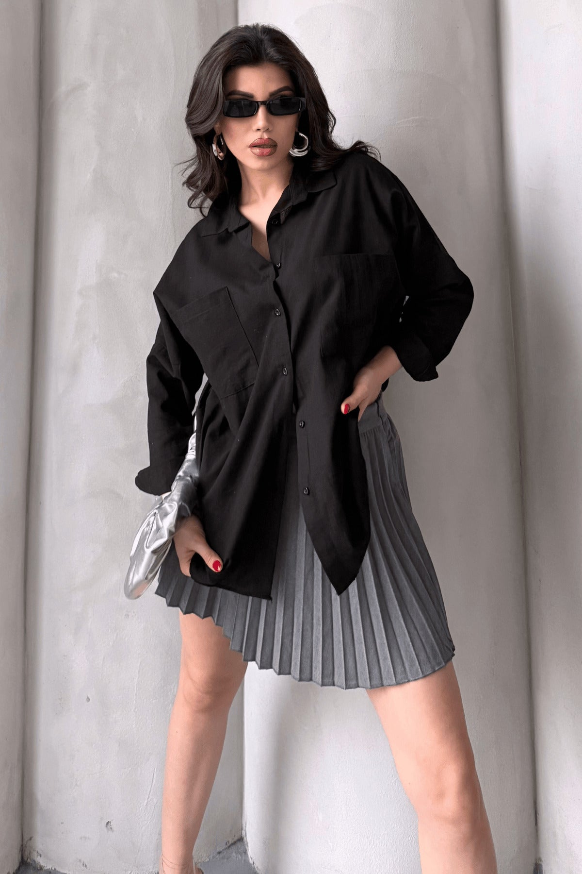 PWG1504250420 - Kadın Harper Çift Cepli Oversize Keten Gömlek, 2025 Summer Collection - Siyah