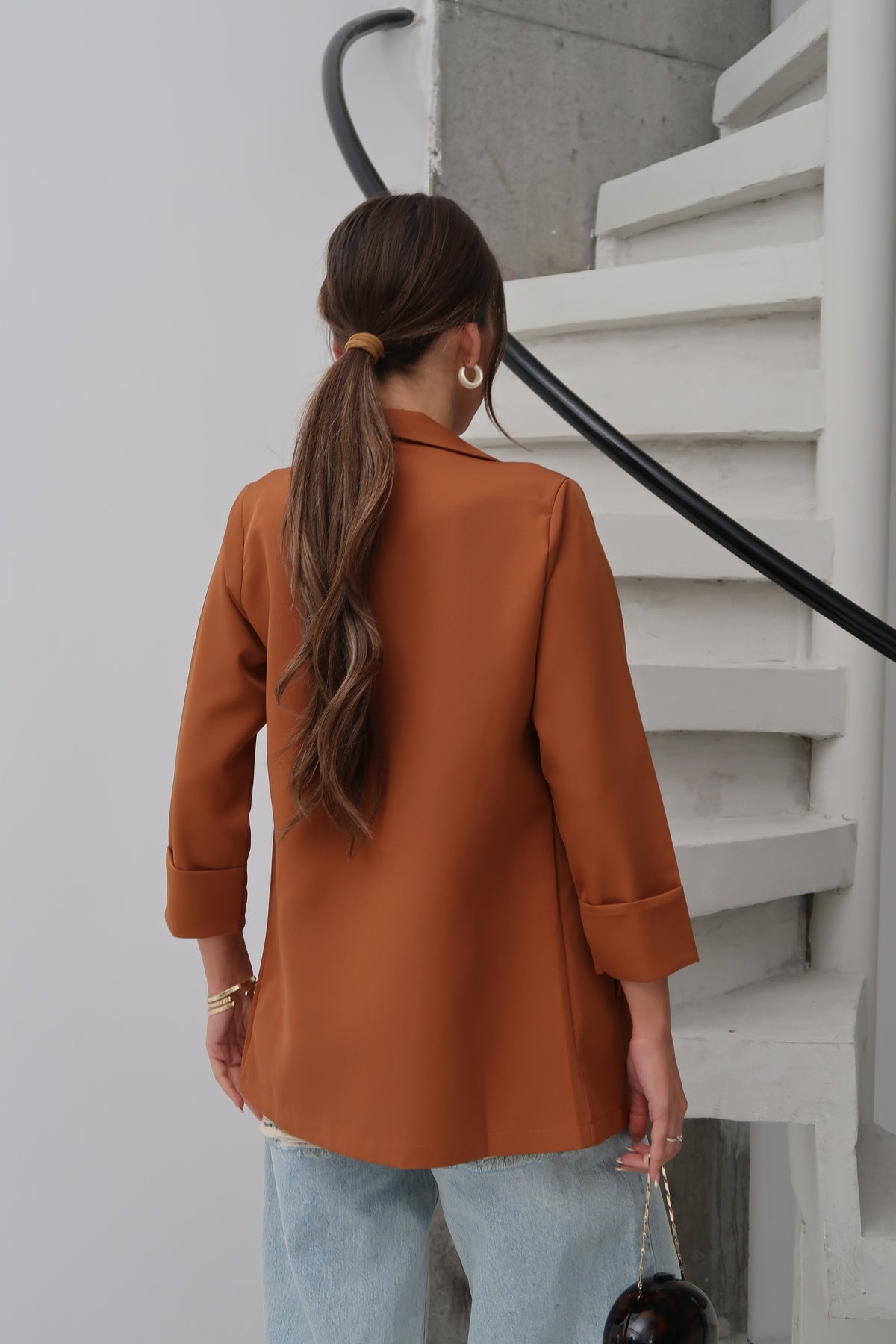 PWG0206251846 - Kadın Atlas Kumaş Astarsız Blazer Ceket, Premium Kalite - Tarçın