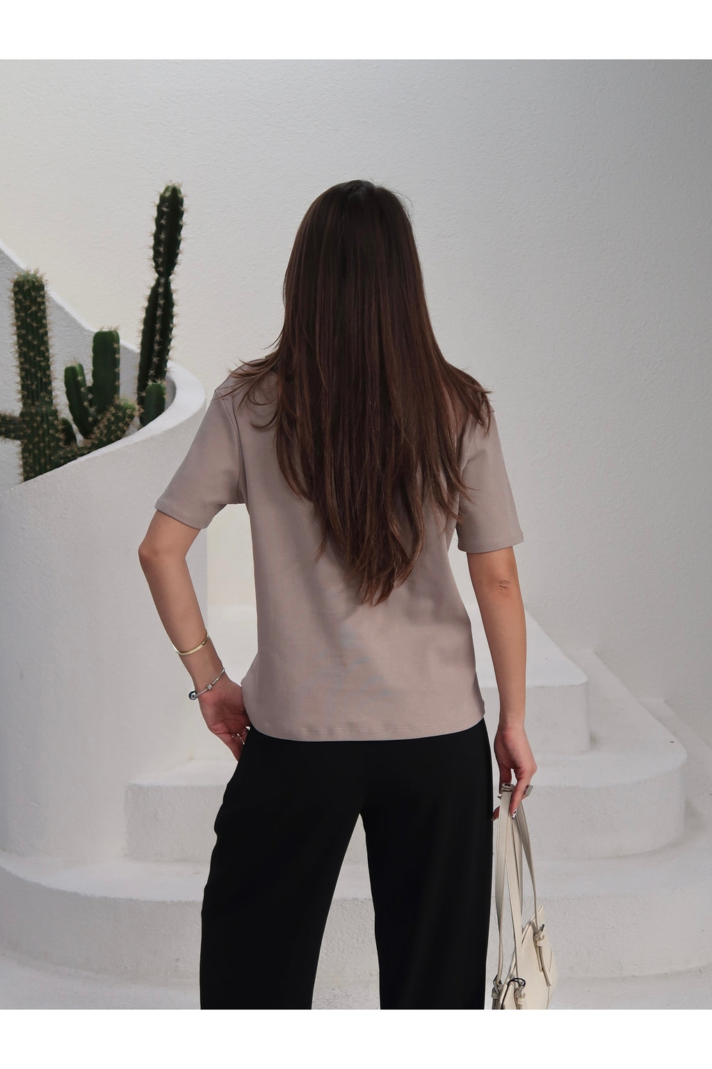 PWGY285 - Kadın Massi İnterlok Kumaş V Yaka Oversize T-Shirt - Vizon