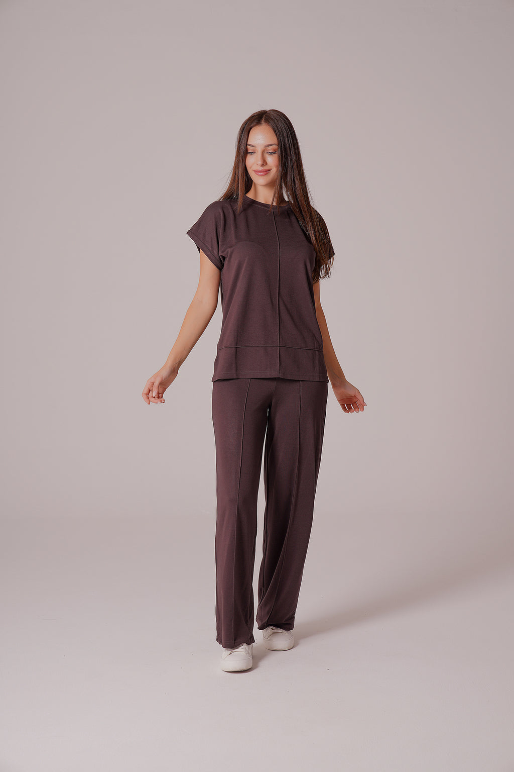 PWG0907251756 - Kadın Meadow Modal Çimalı T-shirt-Pantolon Takım - Kahverengi