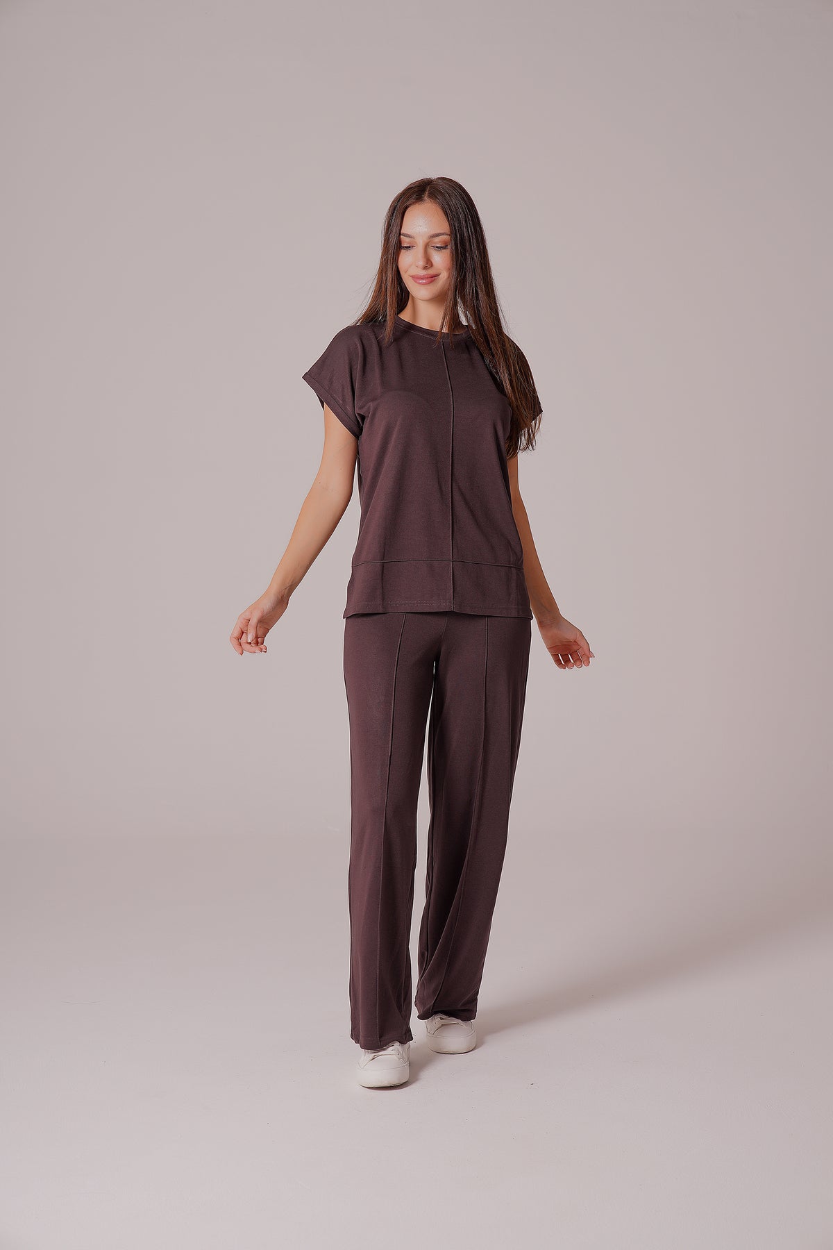 PWG0907251756 - Kadın Meadow Modal Çimalı T-shirt-Pantolon Takım - Kahverengi