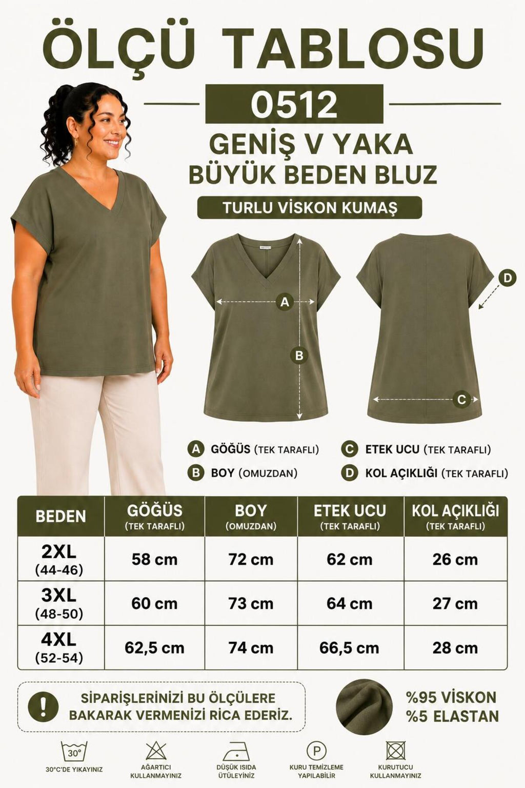 PWGDAD512 - Kadın Büyük Beden Günlük Bluz - Geniş V Yaka Kısa Kol Bluz - Haki