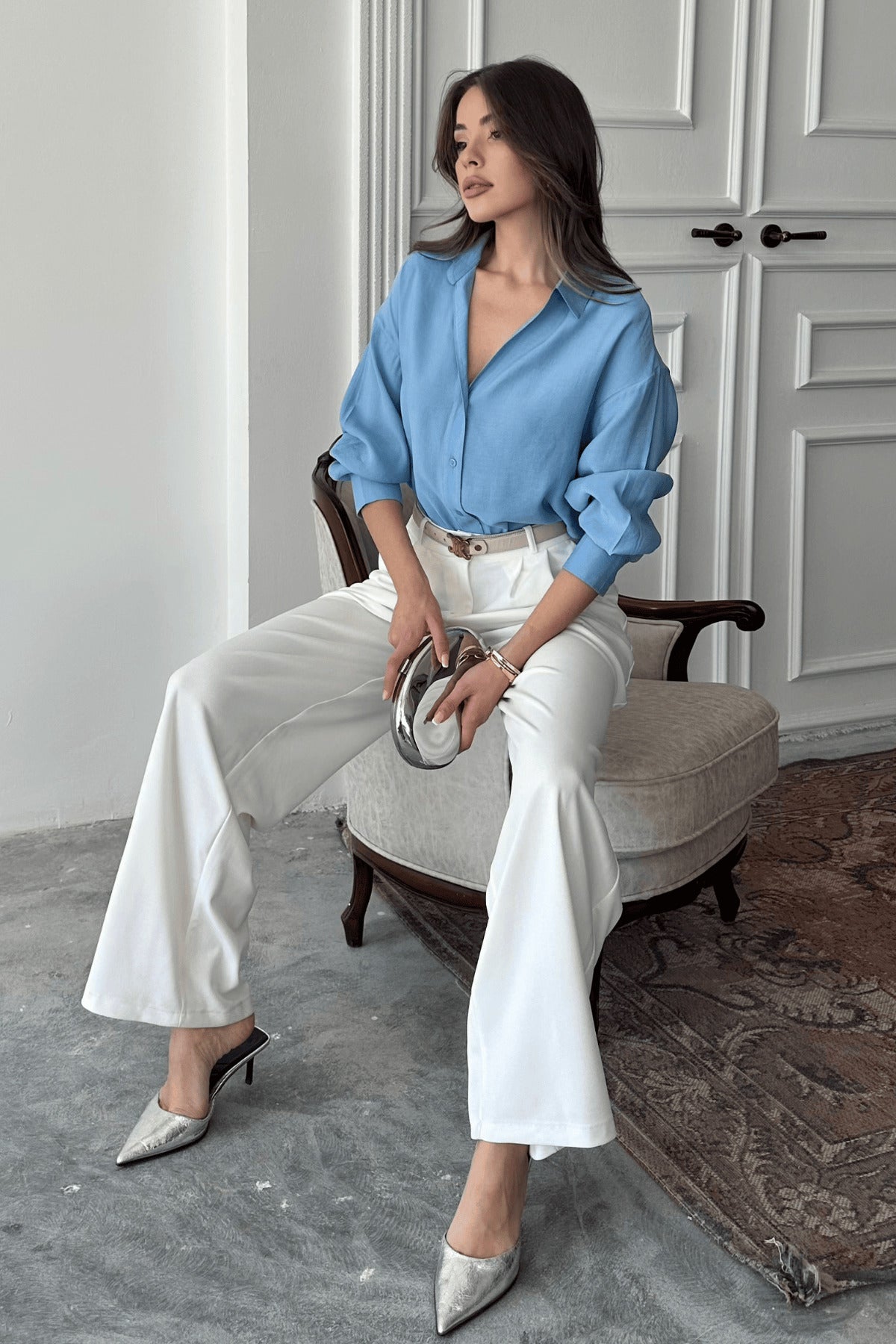 PWG1504250126 - Kadın Freya Modal Kumaş Oversize Gömlek - Mavi