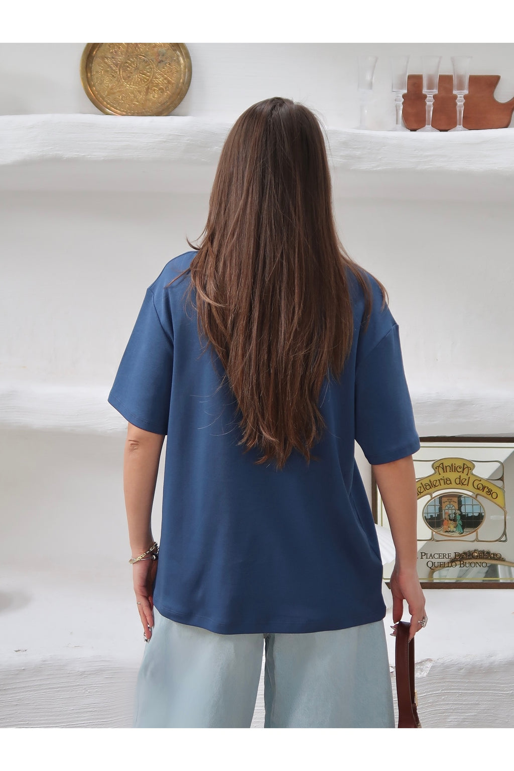 PWGY298 - Kadın Mia İnterlok Kumaş Bisiklet Yaka Oversize T-Shirt - Mavi