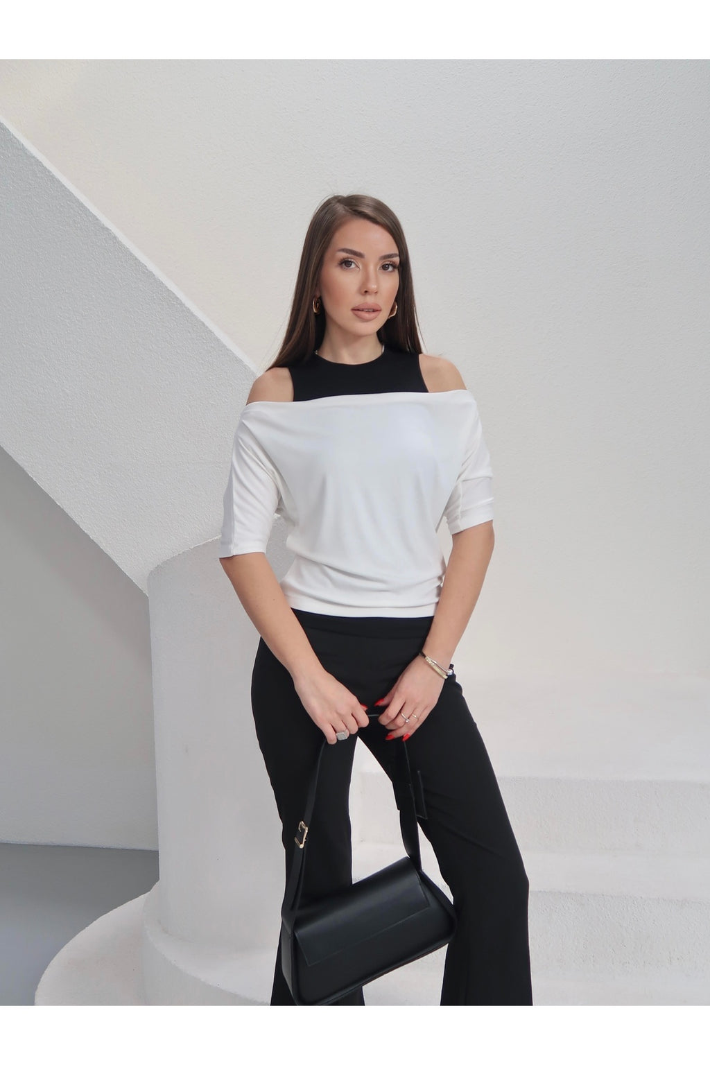 PWGALVİN - Kadın Alvin Omuz Açık Çift Kat Görünümlü Bluz - Beyaz