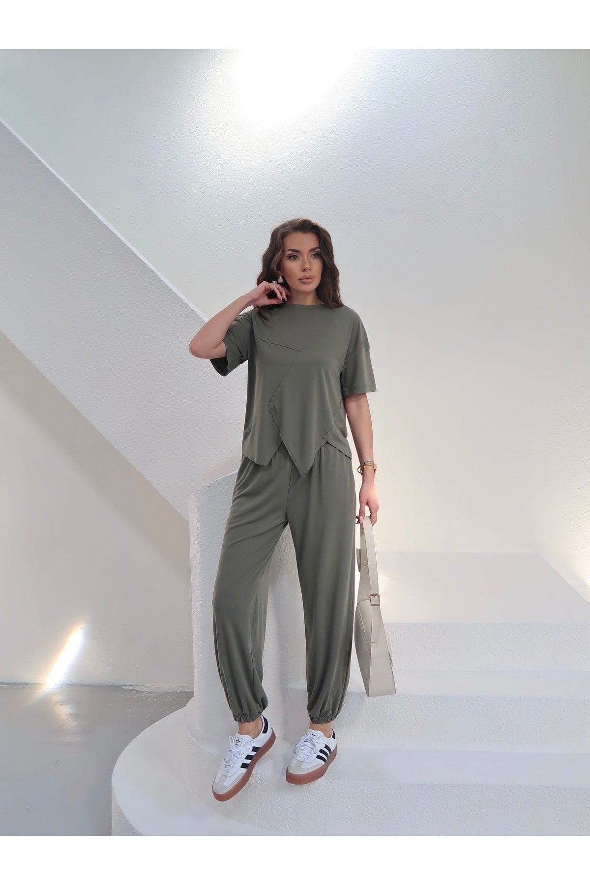 PWGY262 - Kadın Selena Modal Pike Kumaş Parçalı Jogger Takım - Haki