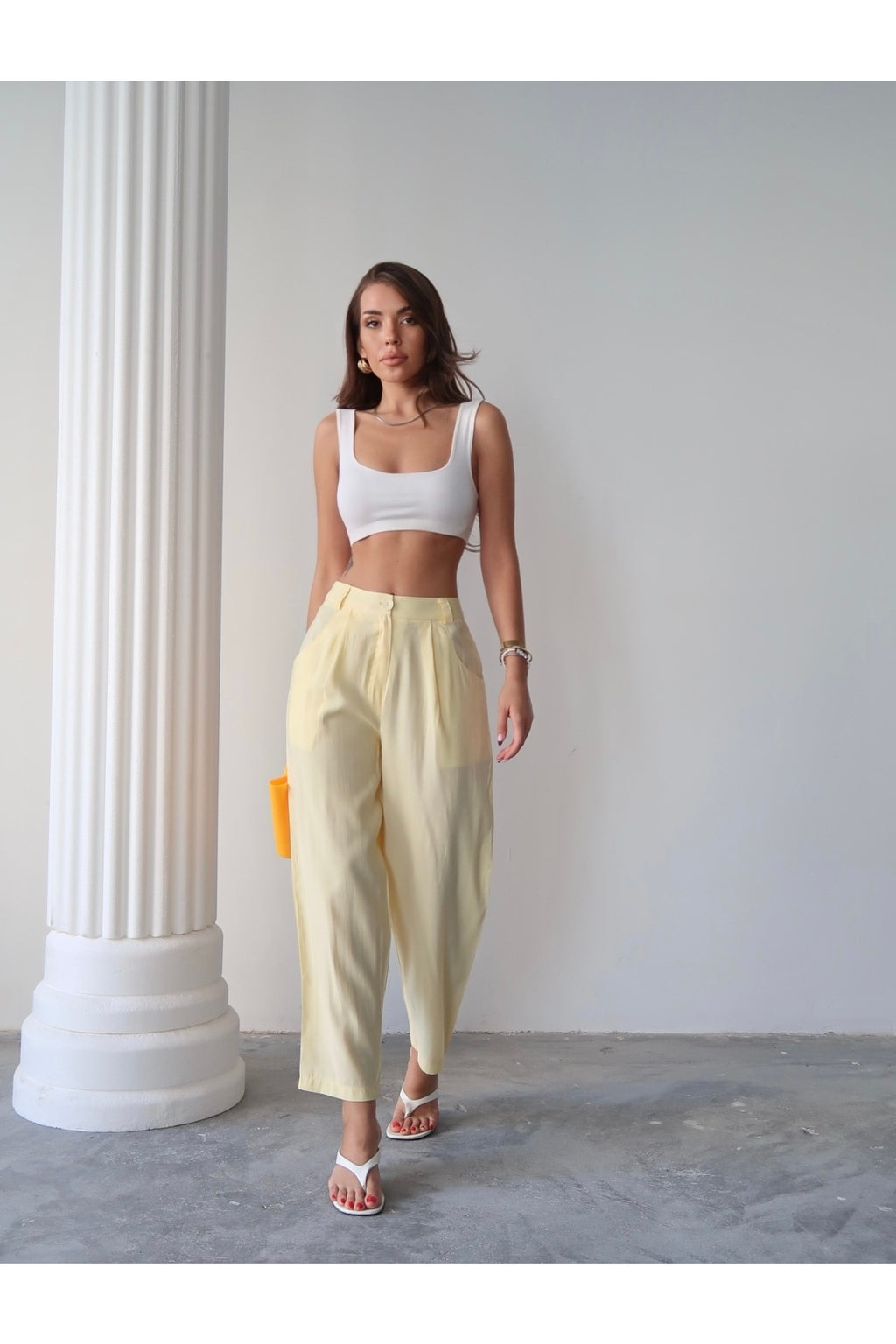 PWG1308251708 - Kadın Taylor Modal Cupra Kumaş Arka Cep Kapak Detaylı Pantolon - Sarı