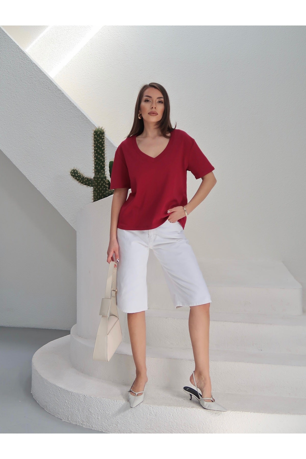 PWGY285 - Kadın Massi İnterlok Kumaş V Yaka Oversize T-Shirt - Bordo