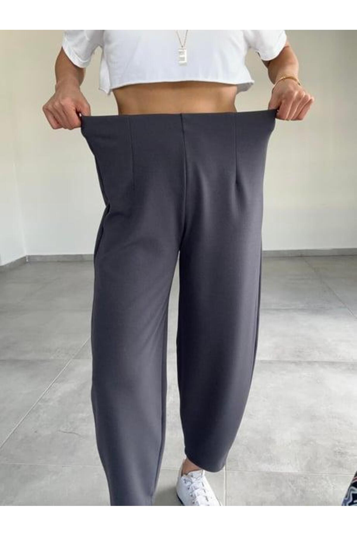 PWG0709241607 - Kemersiz Balon Pantolon, 4 Mevsim, Krep Kumaş, Full Likralı - GRİ