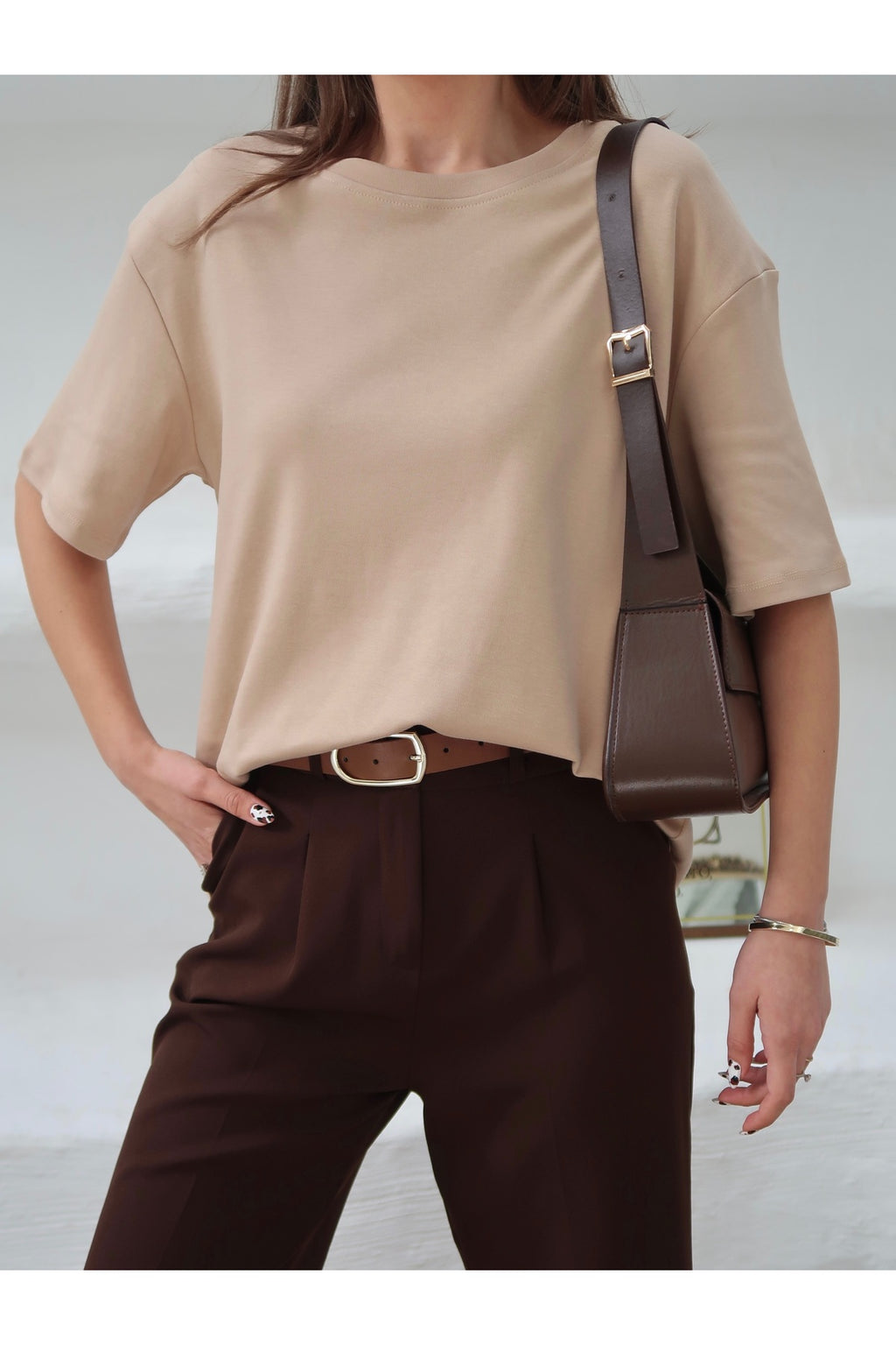 PWGY298 - Kadın Mia İnterlok Kumaş Bisiklet Yaka Oversize T-Shirt - Bej