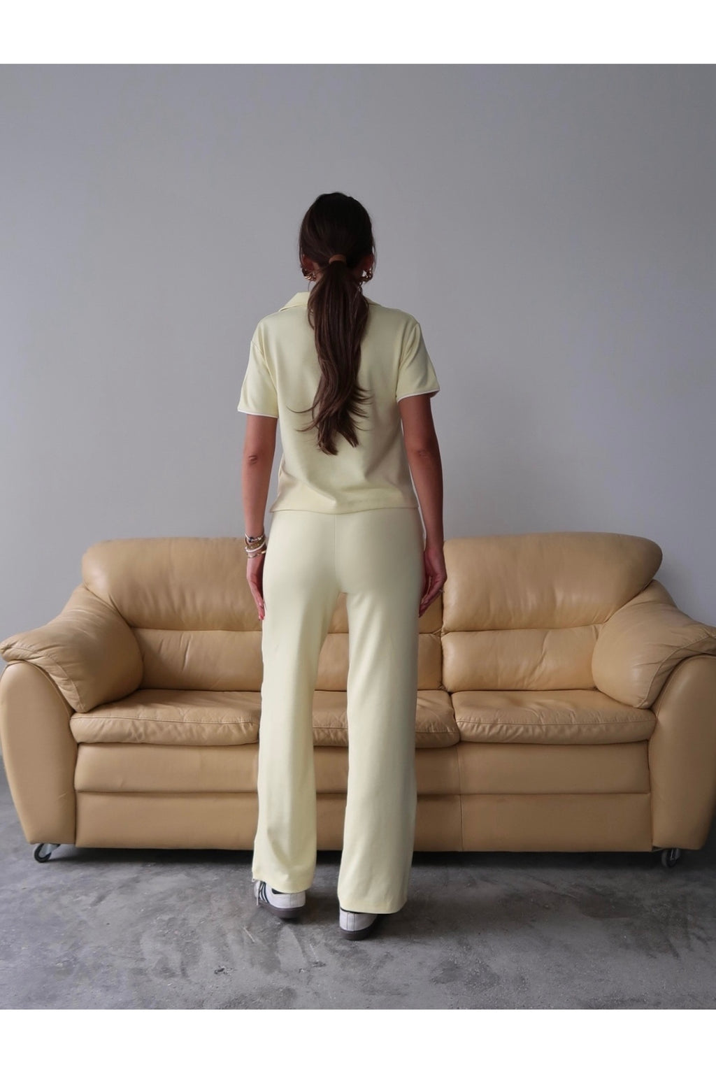 PWG1308251357 - Kadın Maribel Pamuklu Modal Kumaş Polo Yaka Bluz-Pantolon İkili Alt-Üst Takım, 4 Mevsim Günlük Takım - Sarı